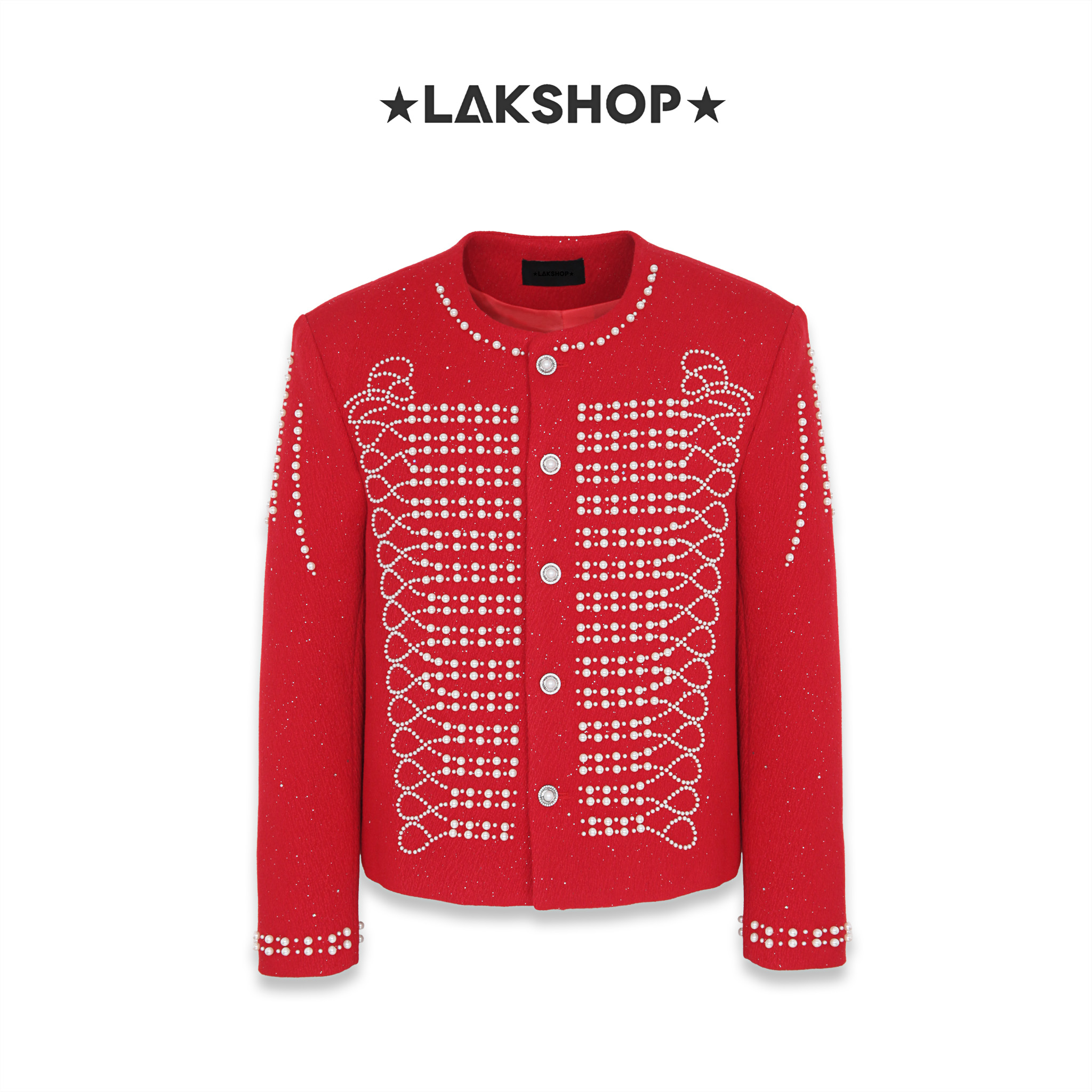 Áo Red Patterned With Pearl Embellishments Jacket