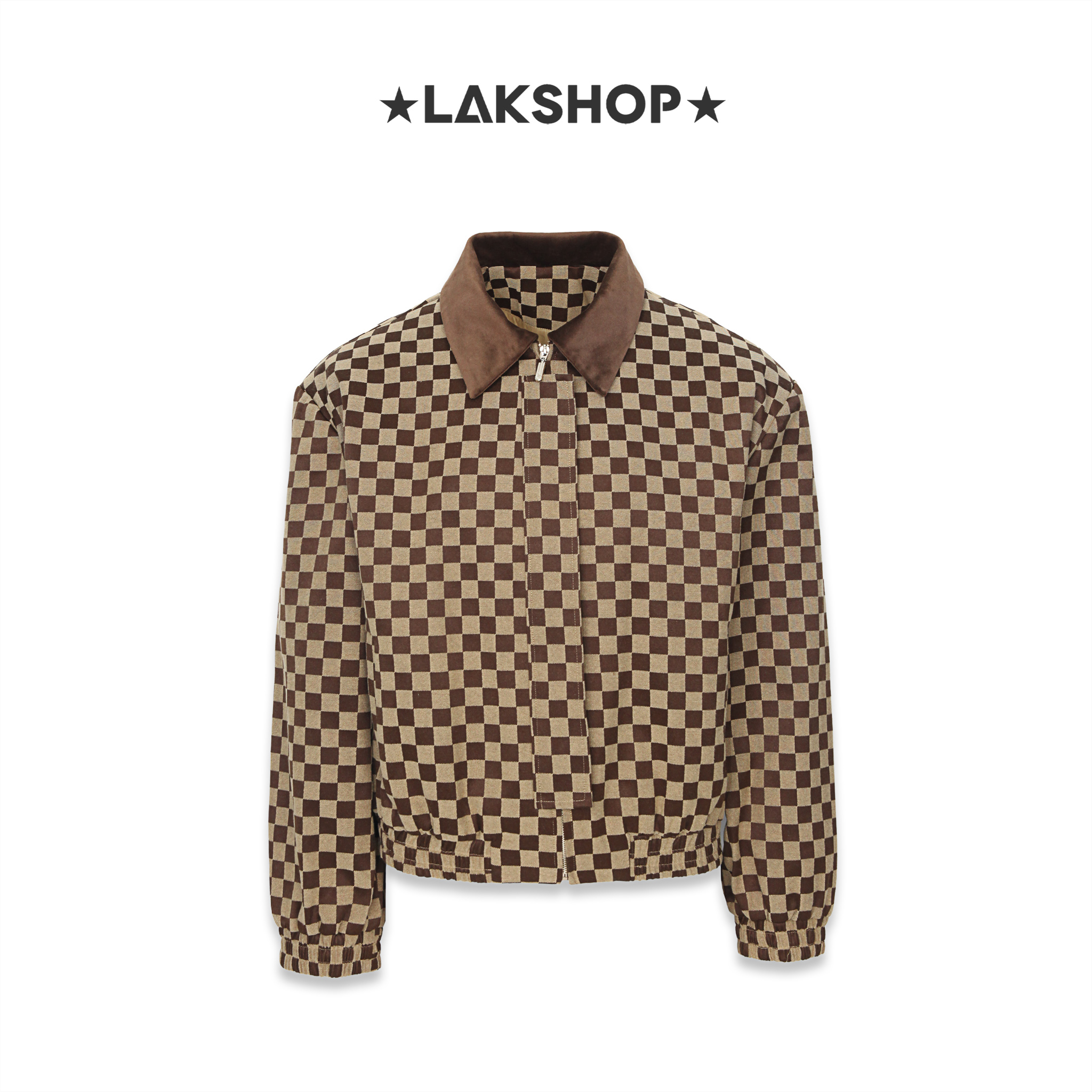 Áo Brown Checkerboard with Velvet Neck Jacket
