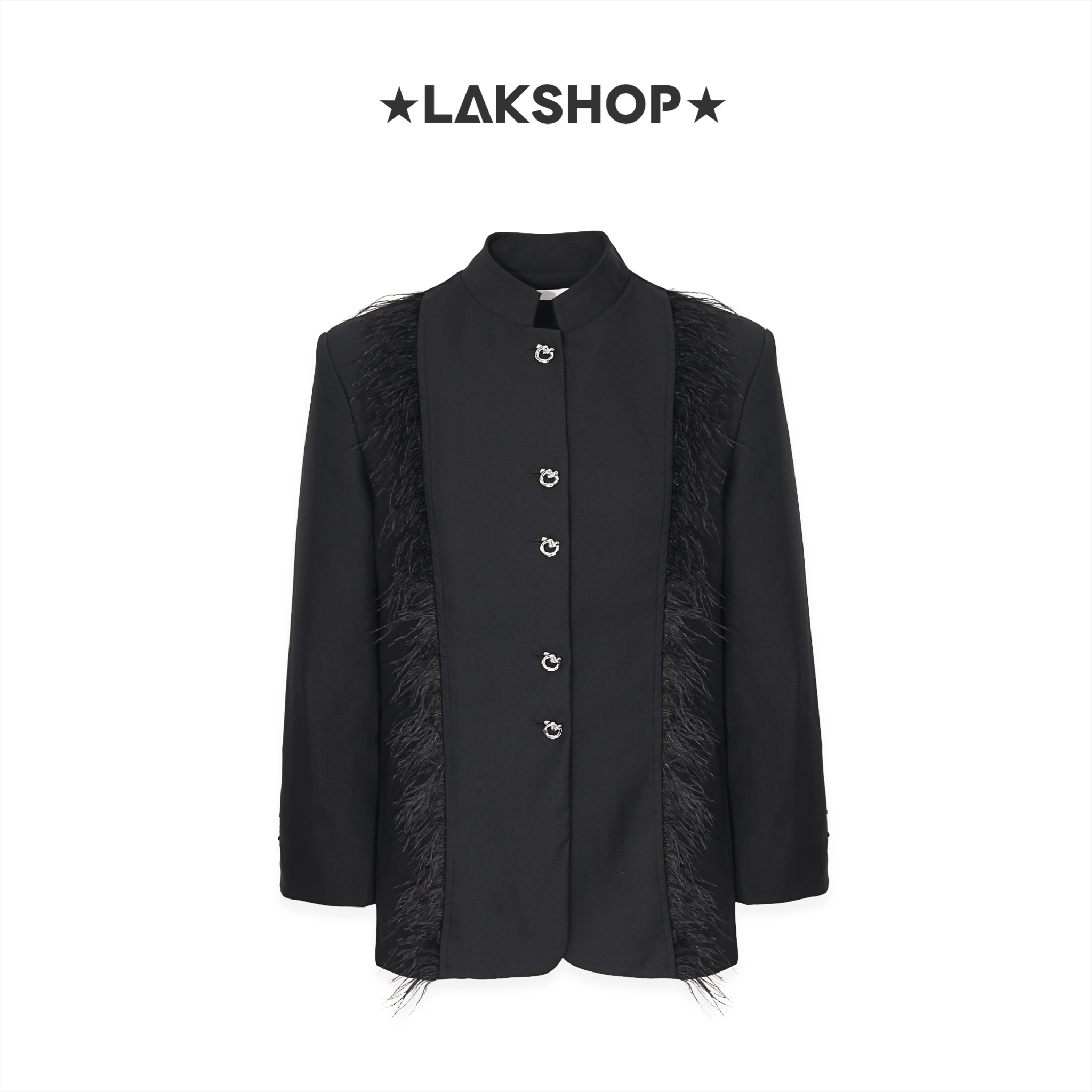 Áo Black Mandarin Collar Jacket with Fur Trim Jacket