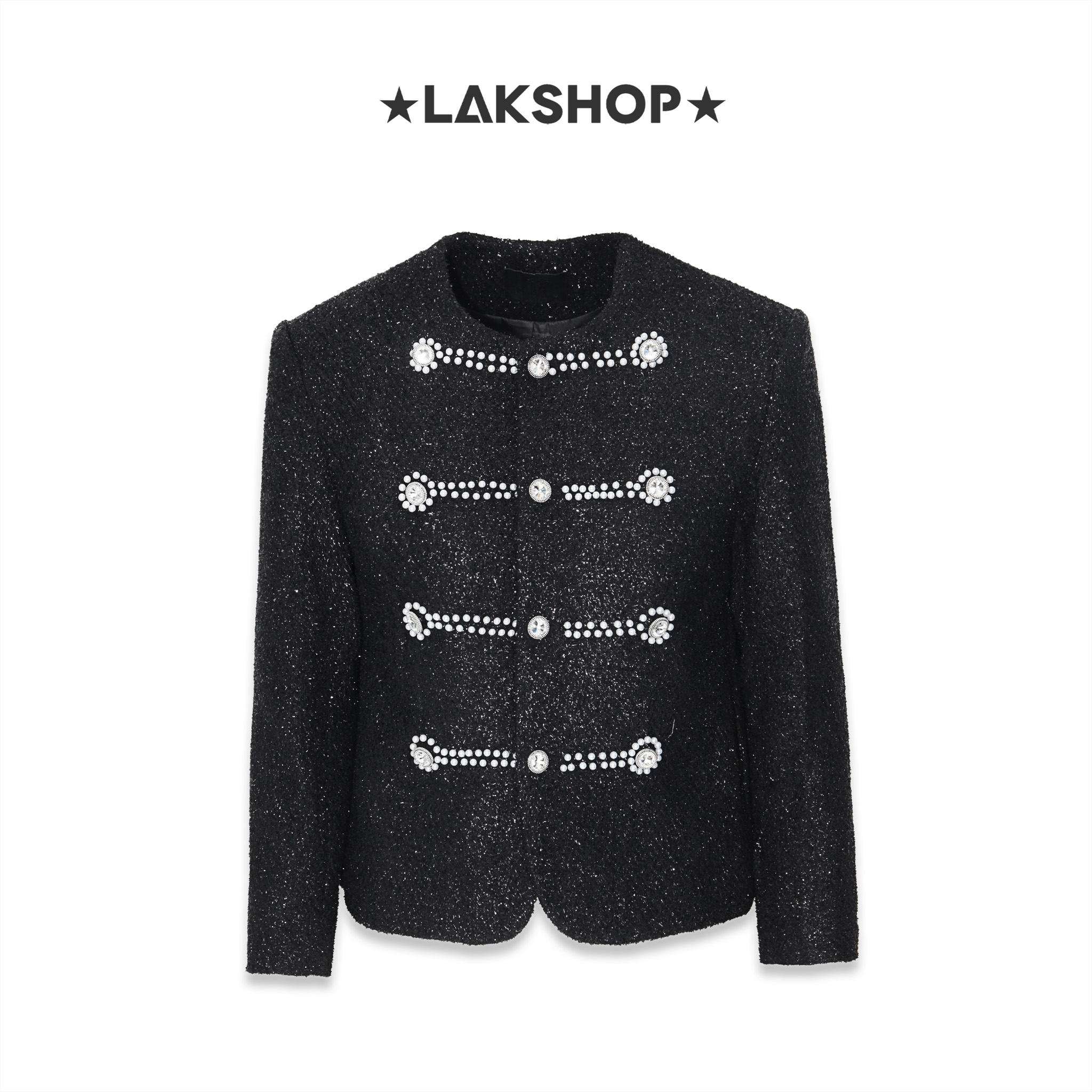 Áo Black Bling Tweed Double Breasted Pearl Jacket