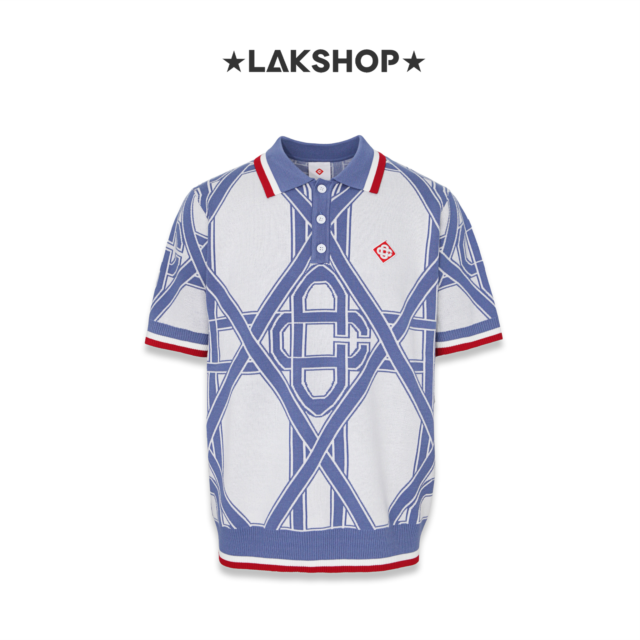 Áo Casa Blue Monogram Cotton Knit Polo Shirt