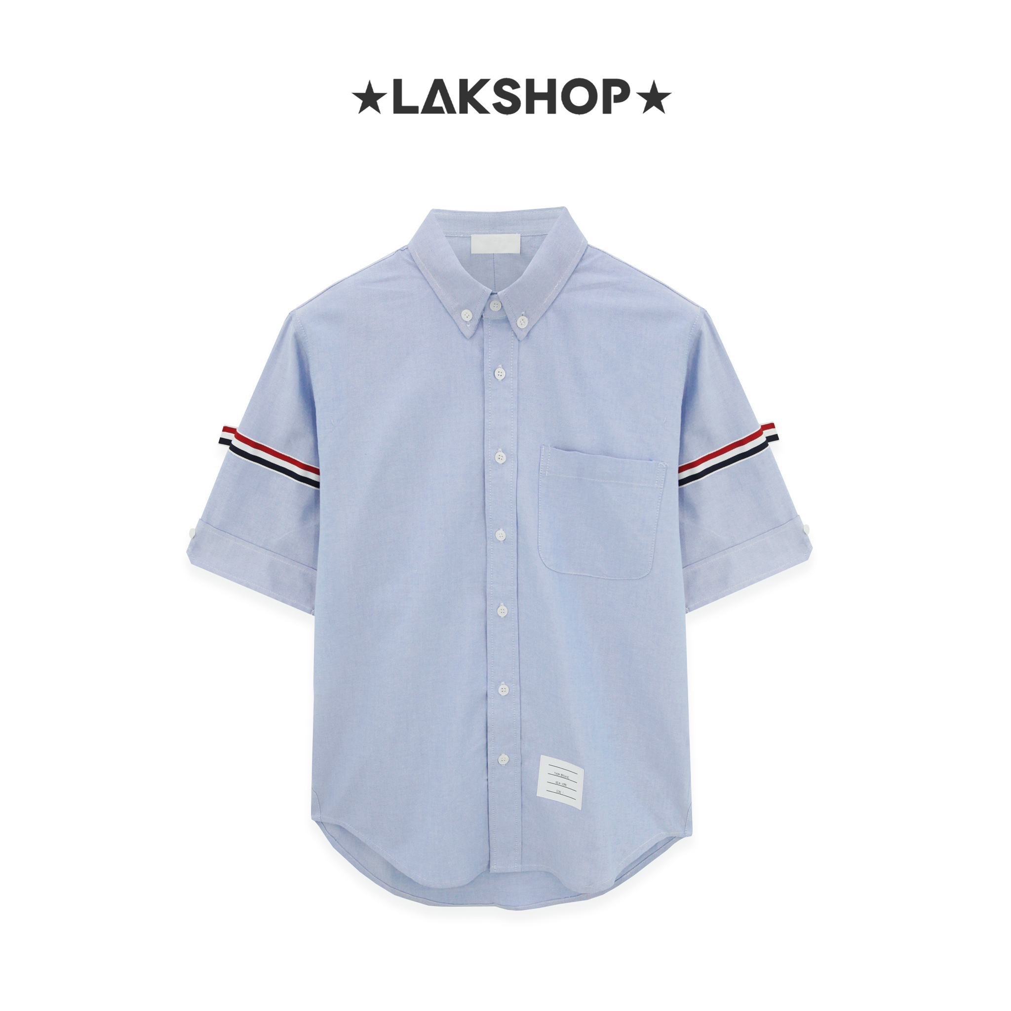 Áo TB Blue Oxford Grosgrain Armband Short Sleeve Shirt