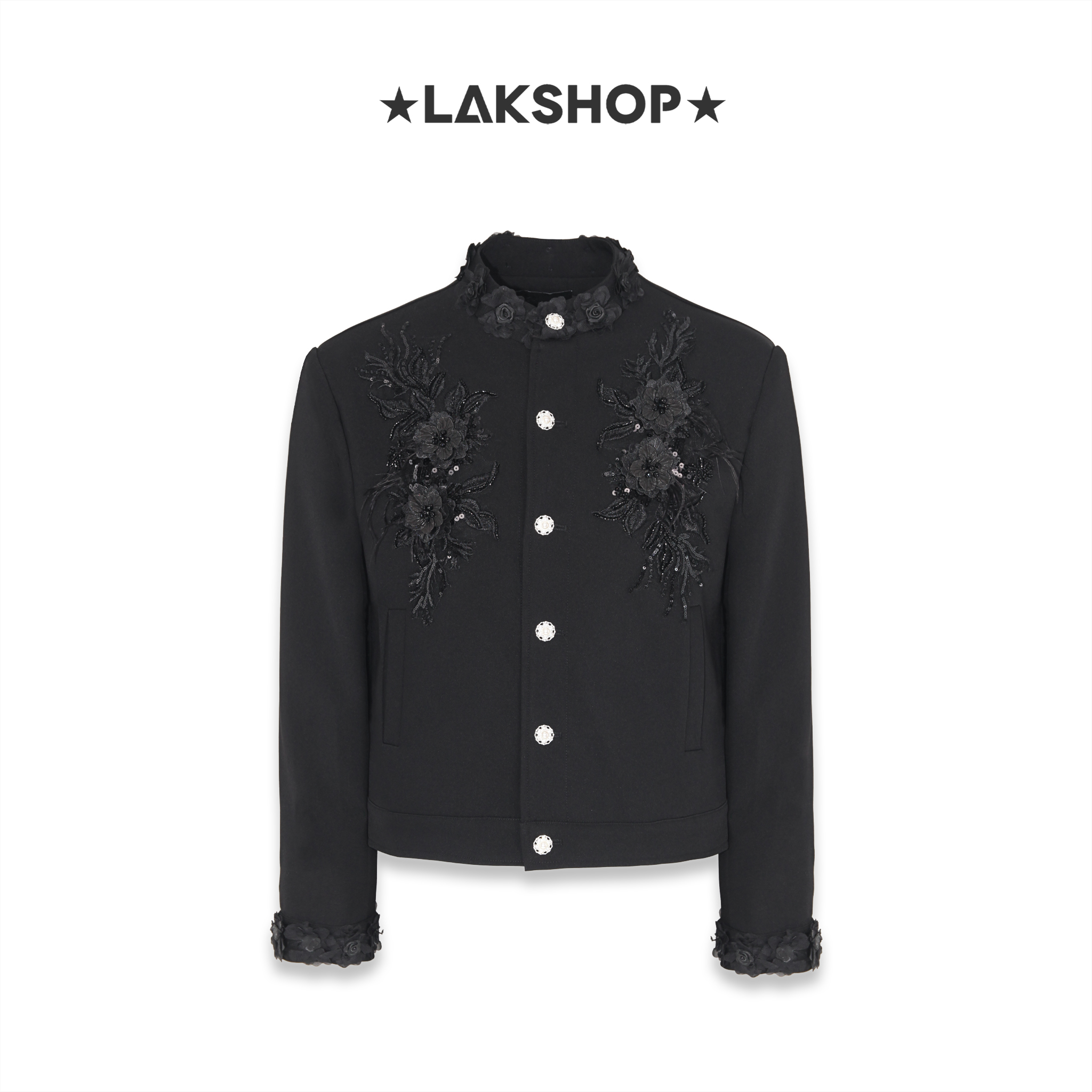 Áo Black Flower Squin Stand Collar Jacket