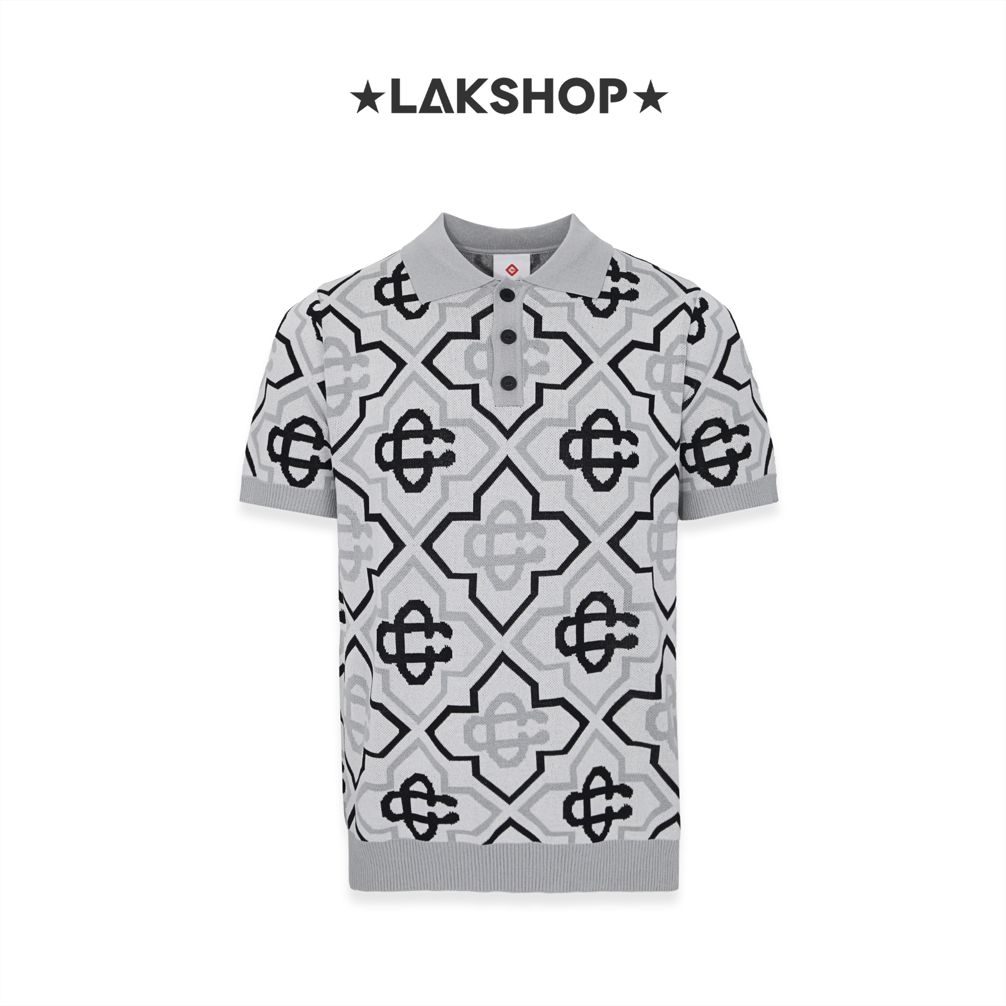 Áo Casa Grey Monogram Cotton Knit Polo Shirt