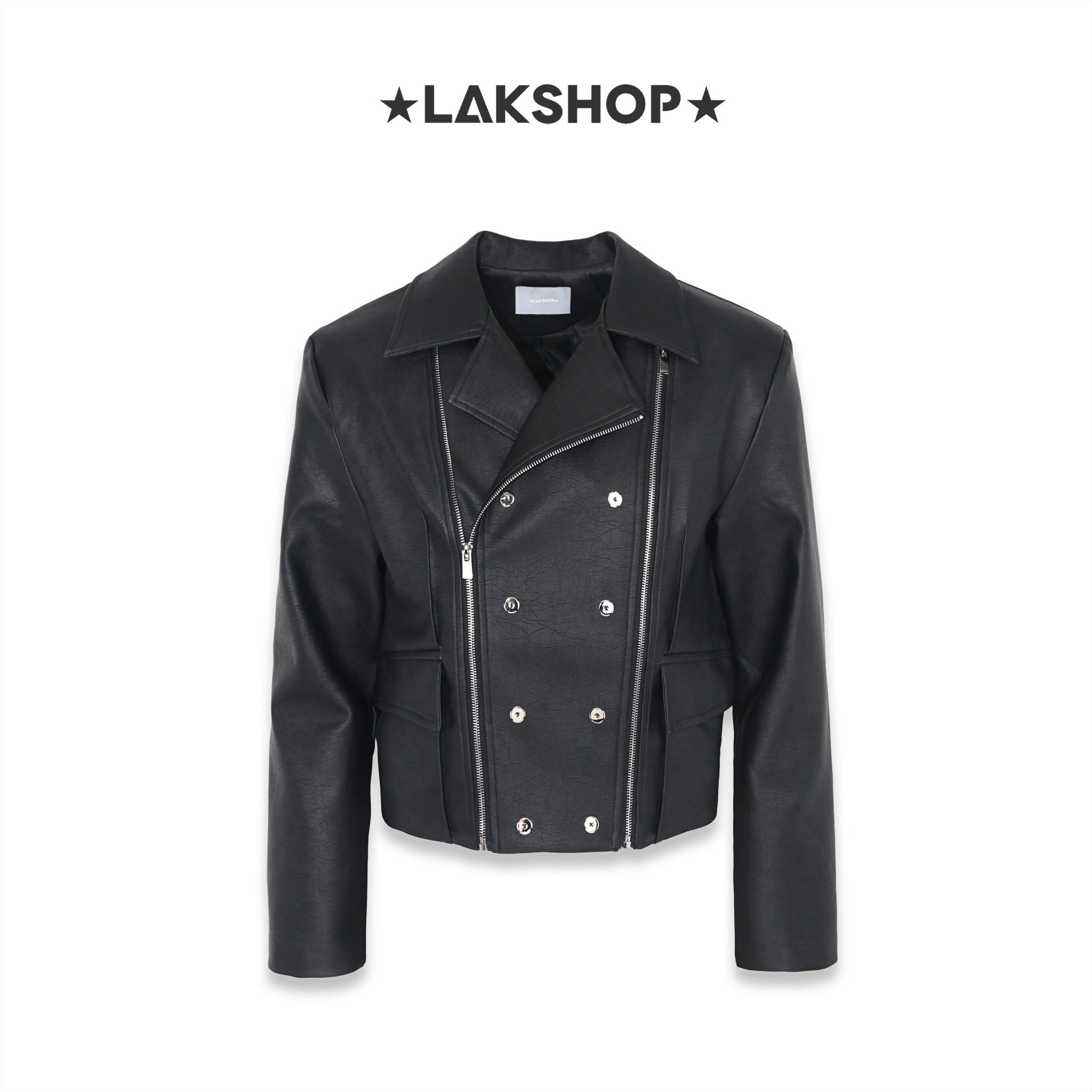 Áo Black Zipper Double-Breasted Leather Jacket