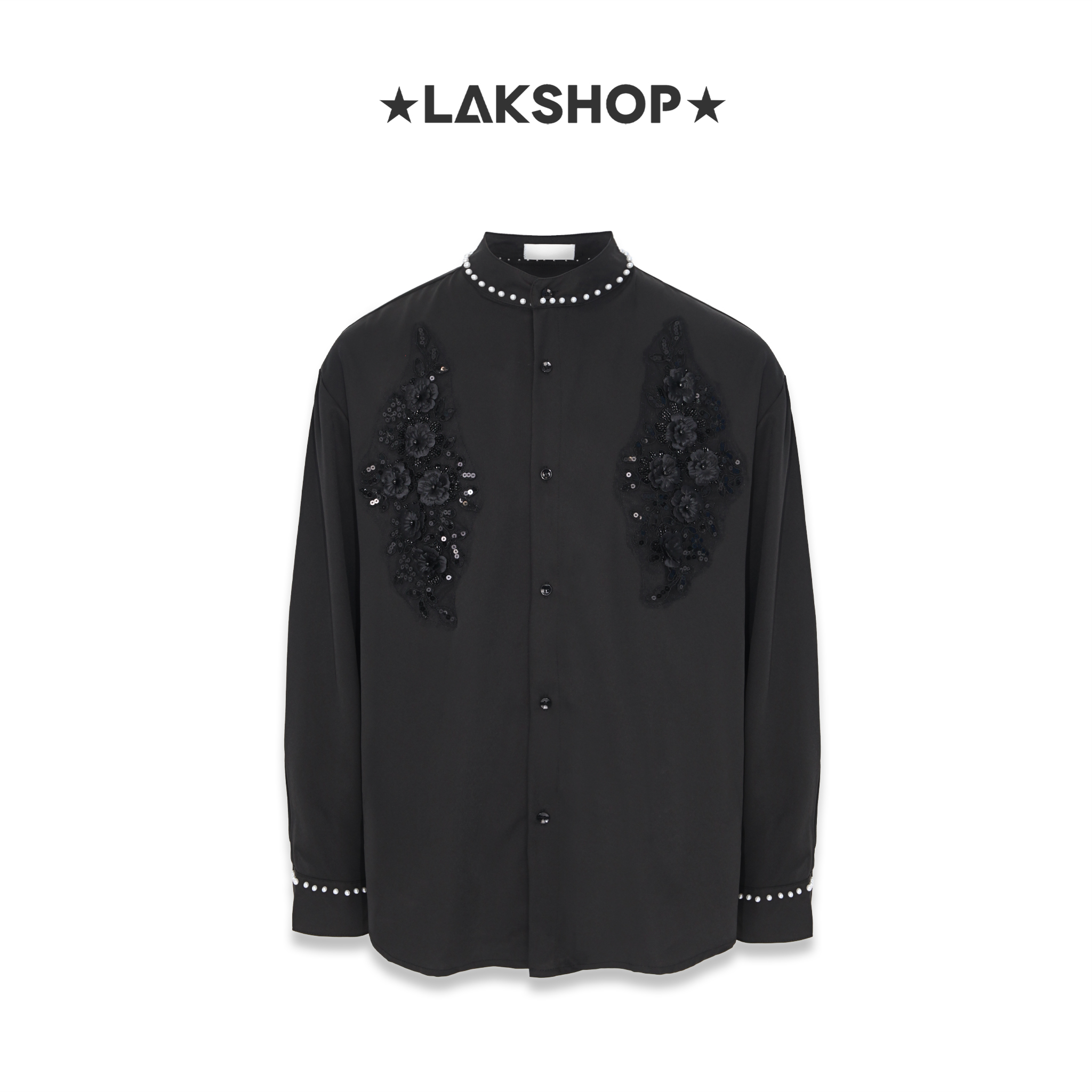 Áo Black 3D Flower with Pearl Neck Shirt