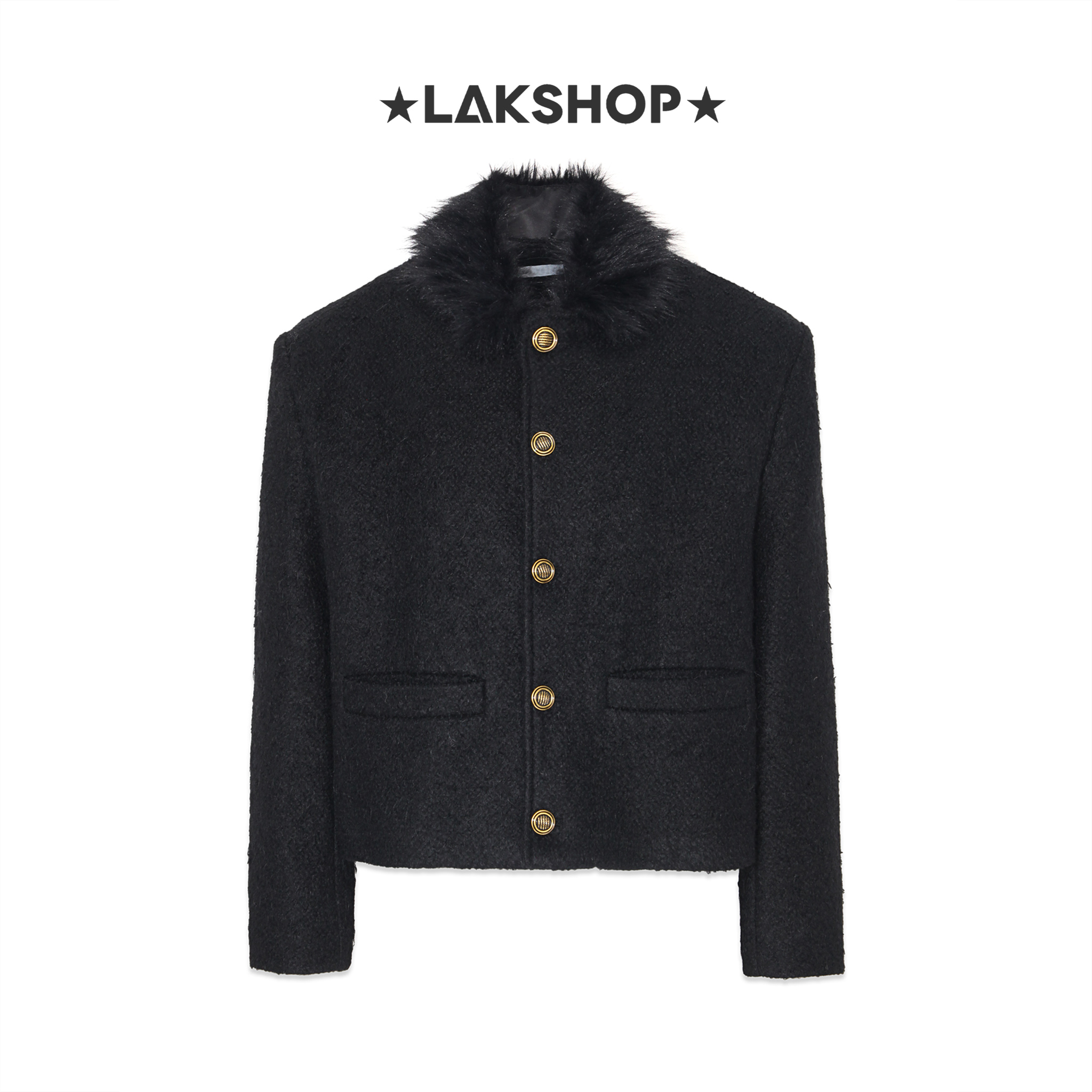 Áo Black with Black Fur Collar Tweed Jacket