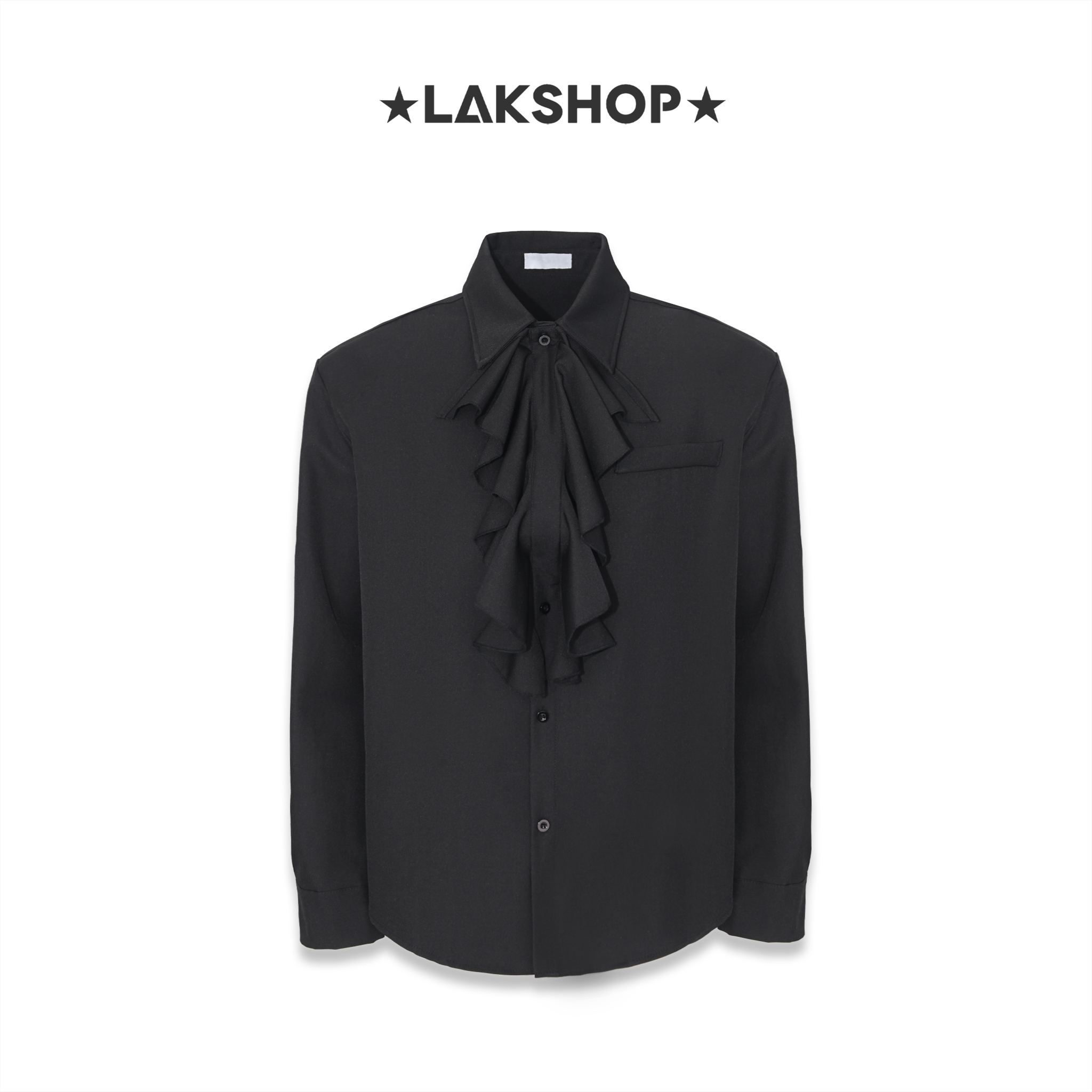 Áo Black Ruffled Collar Shirt with Padded Shoulder