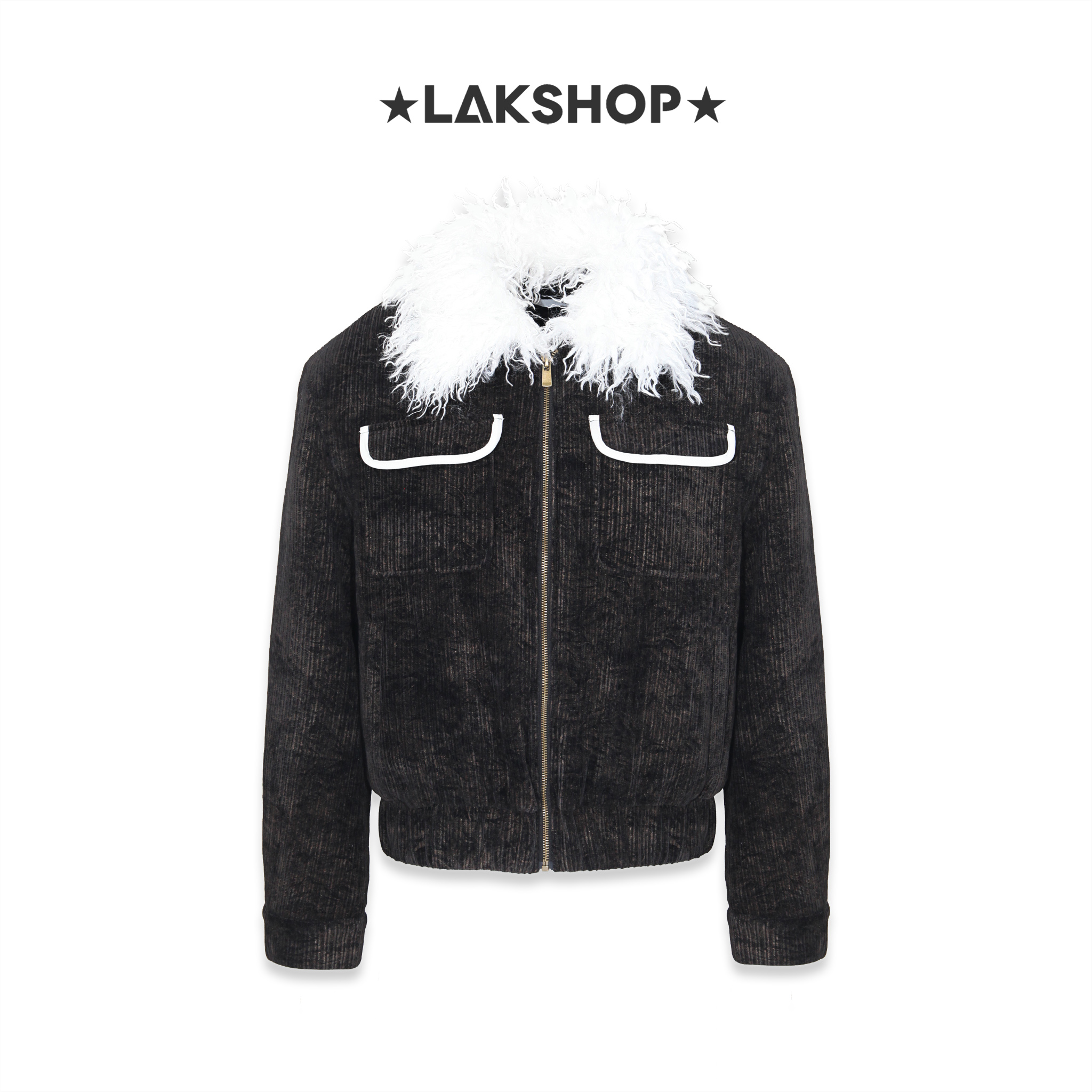 Áo Black with White Fur Collar Velvet Jacket