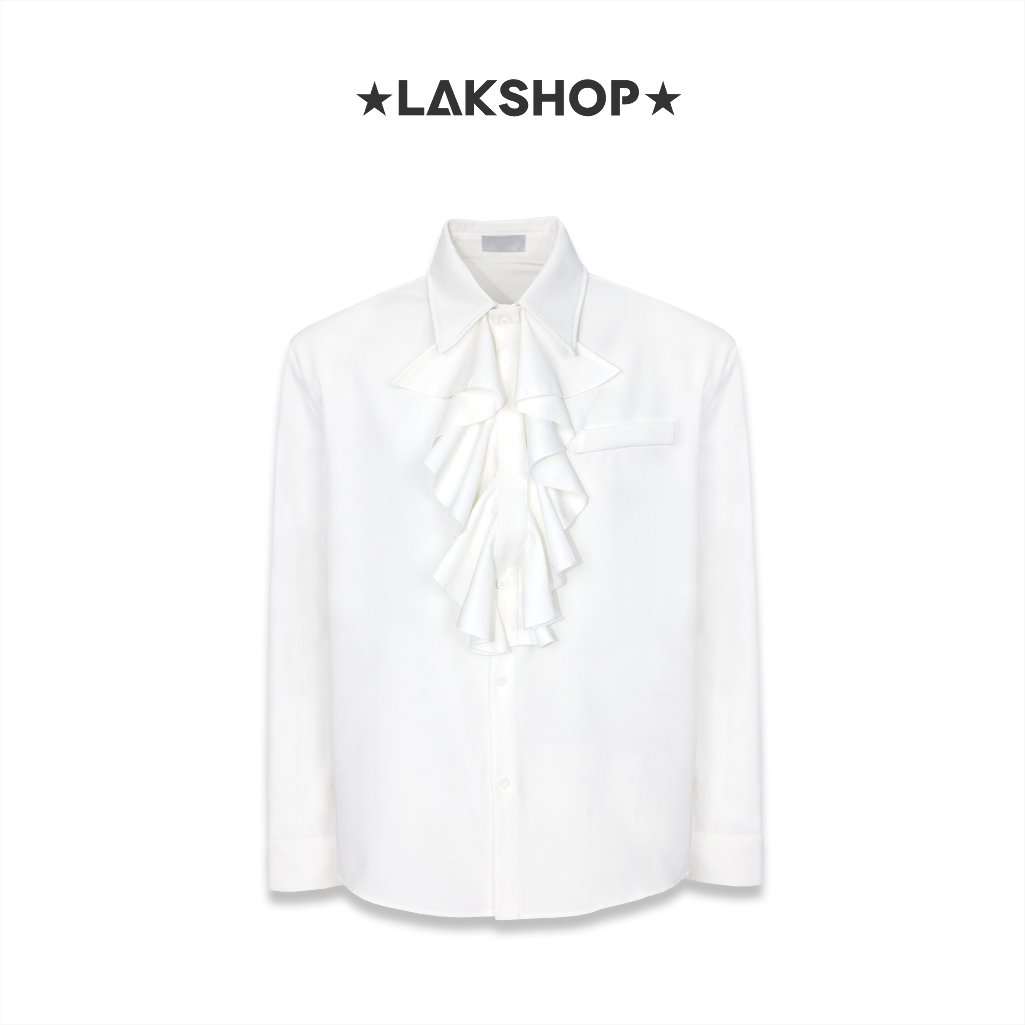 Áo White Ruffled Collar Shirt with Padded Shoulder