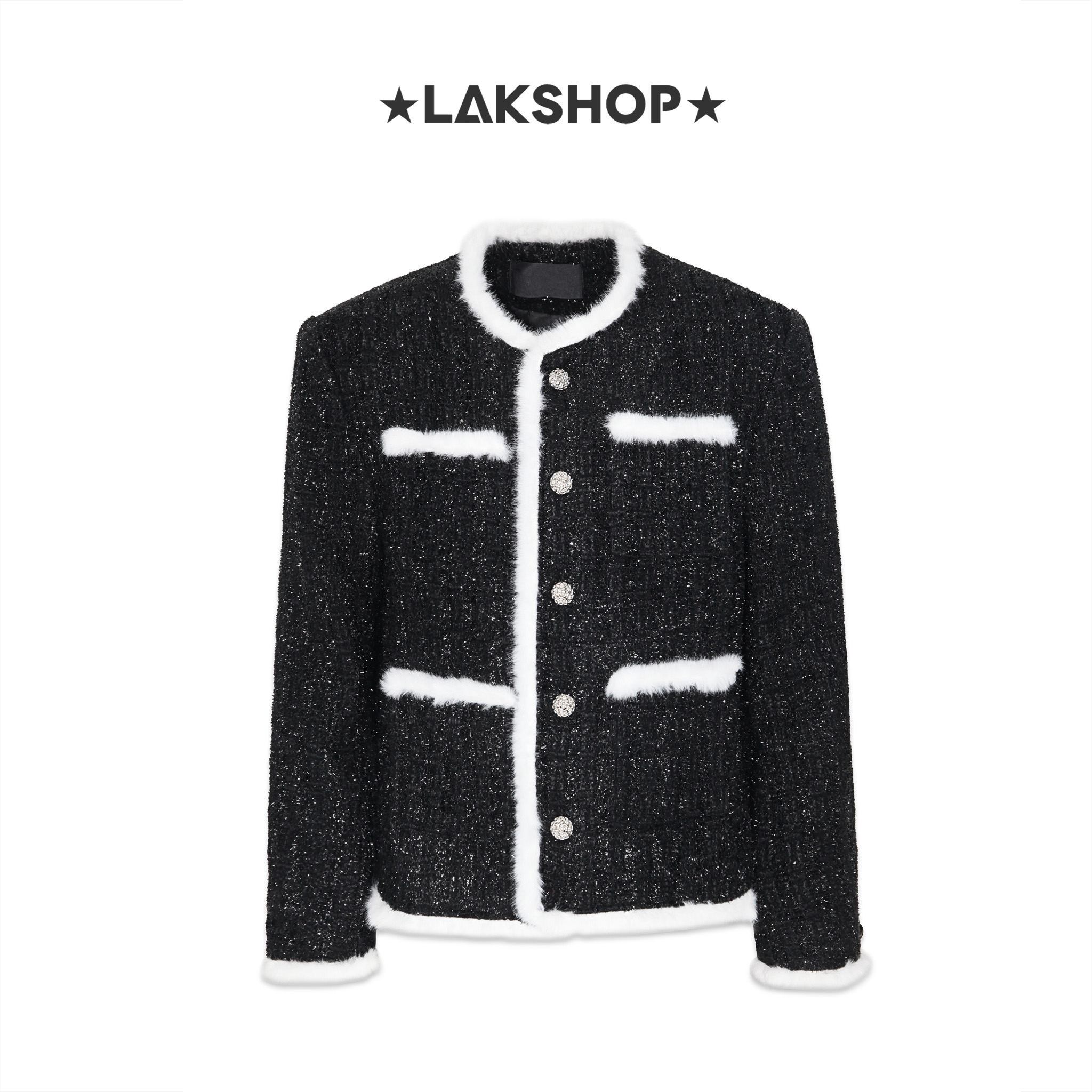 Áo Black Bling with Fur Trim Tweed Jacket