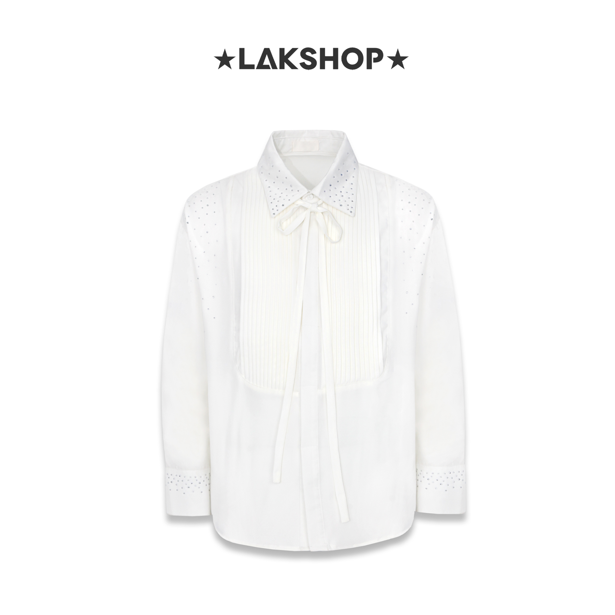 Áo White Pleats with Bling Neck Shirt