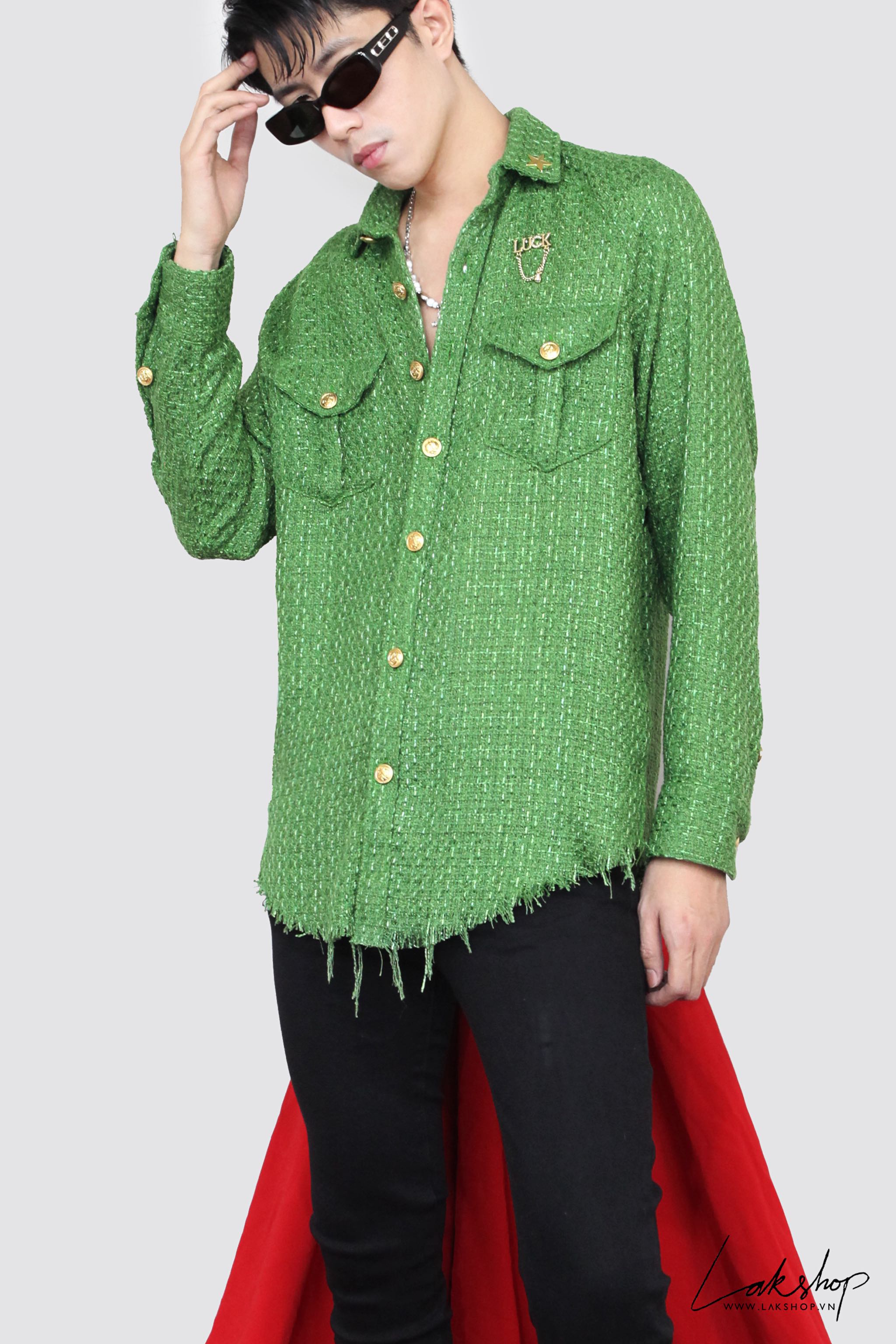 Lak Studios Luck Star Brooch Green Tweed Shirt cs3