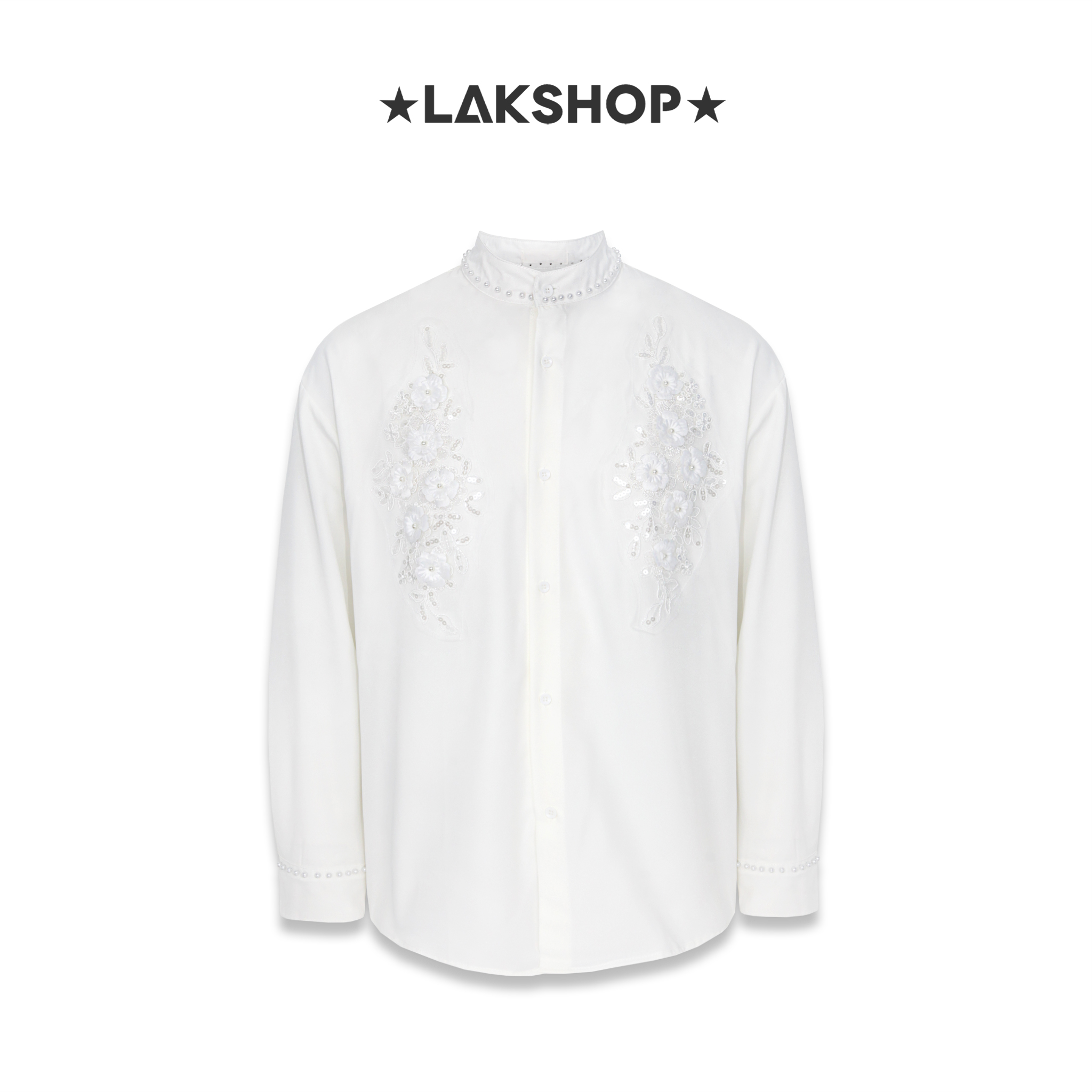 Áo White 3D Flower with Pearl Neck Shirt