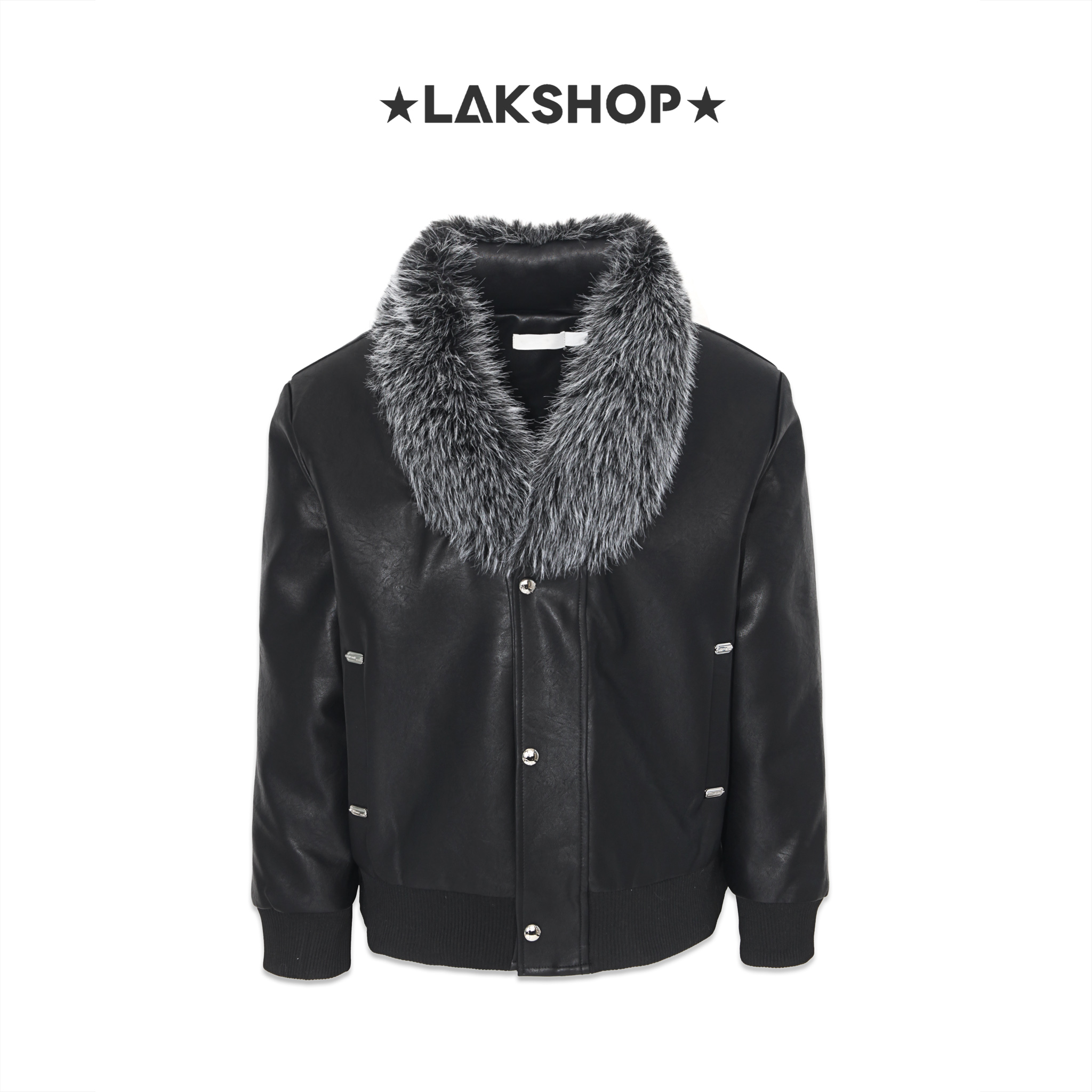 Áo Black Leather With Fur Neck Jacket