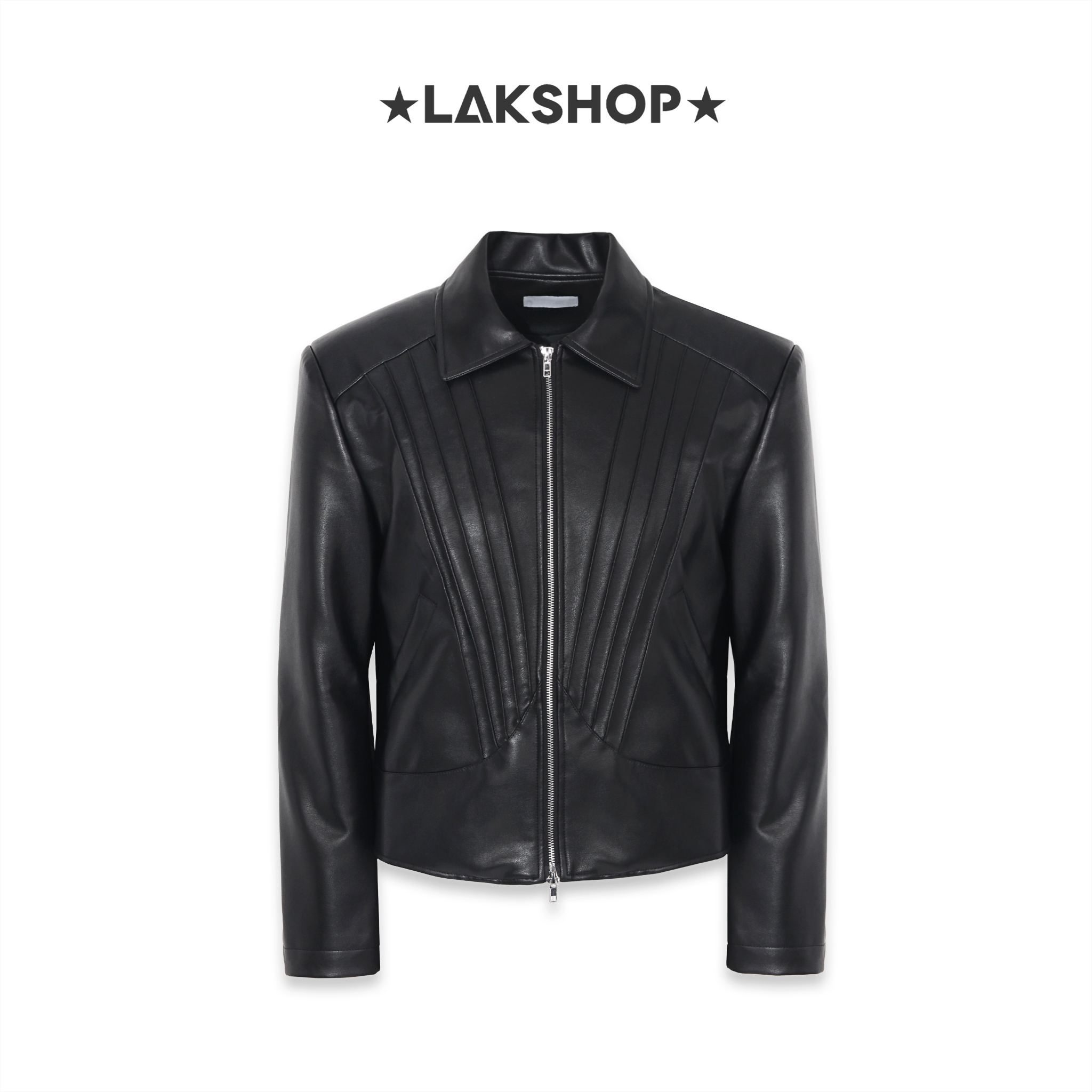 Áo Black Faux Leather Black V-shaped Pleated Jacket