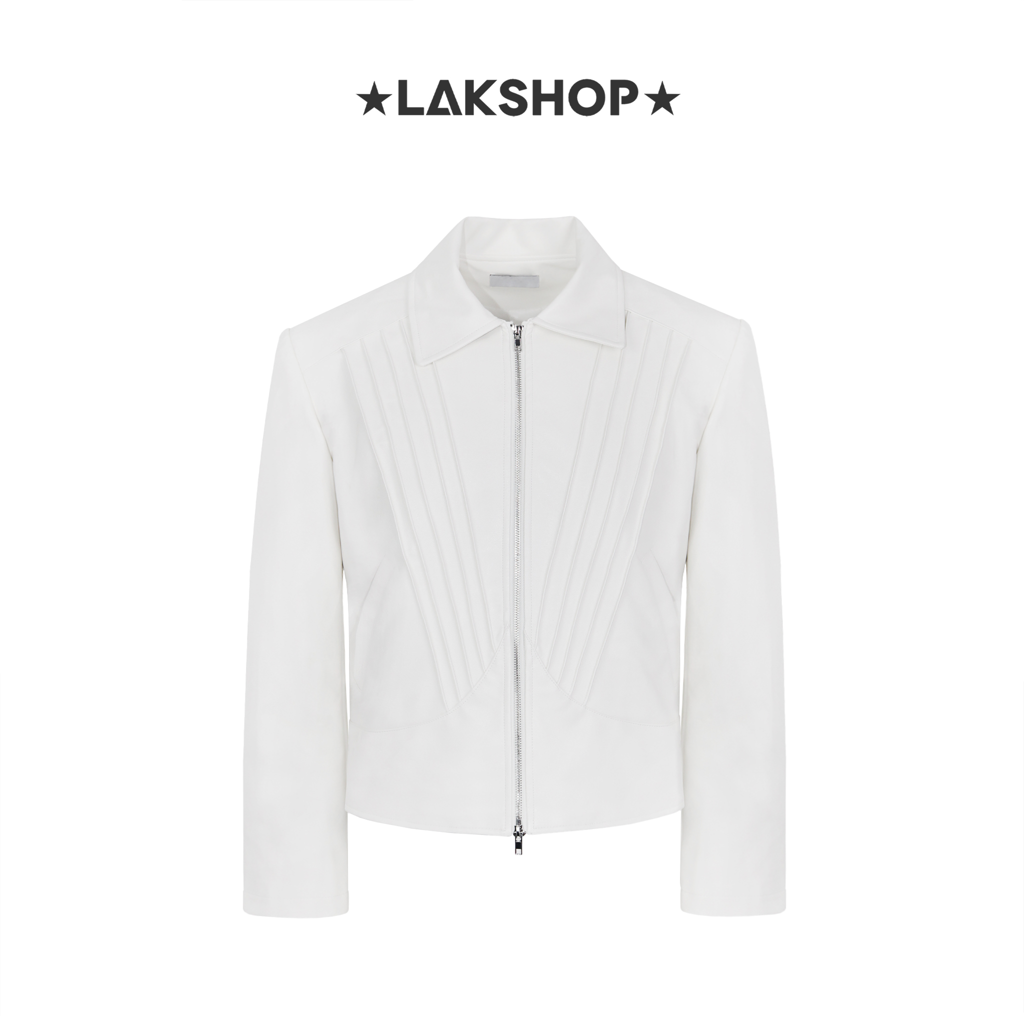 Áo White Faux Leather Black V-shaped Pleated Jacket