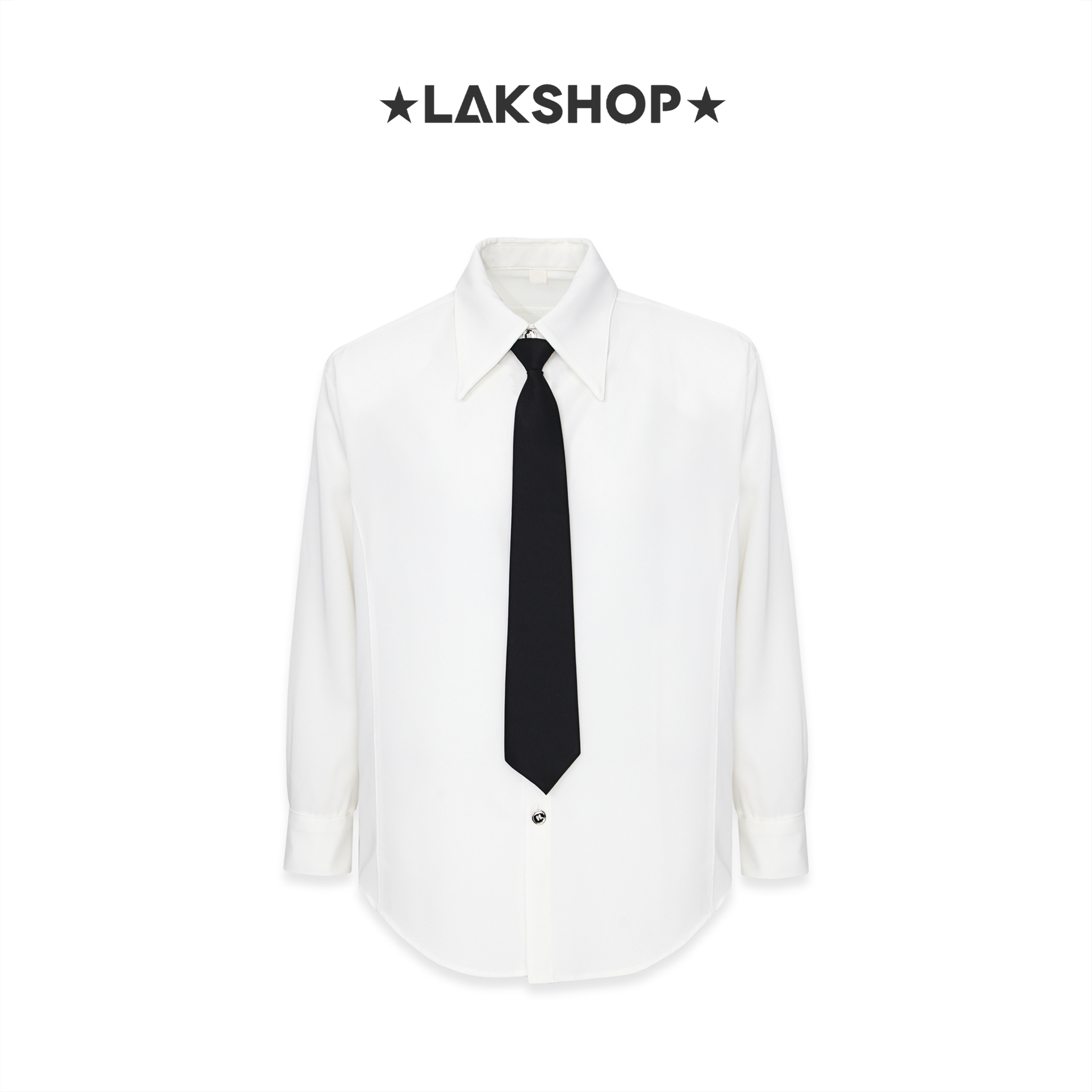 Áo Big Neck Silver Button with Tie White Shirt