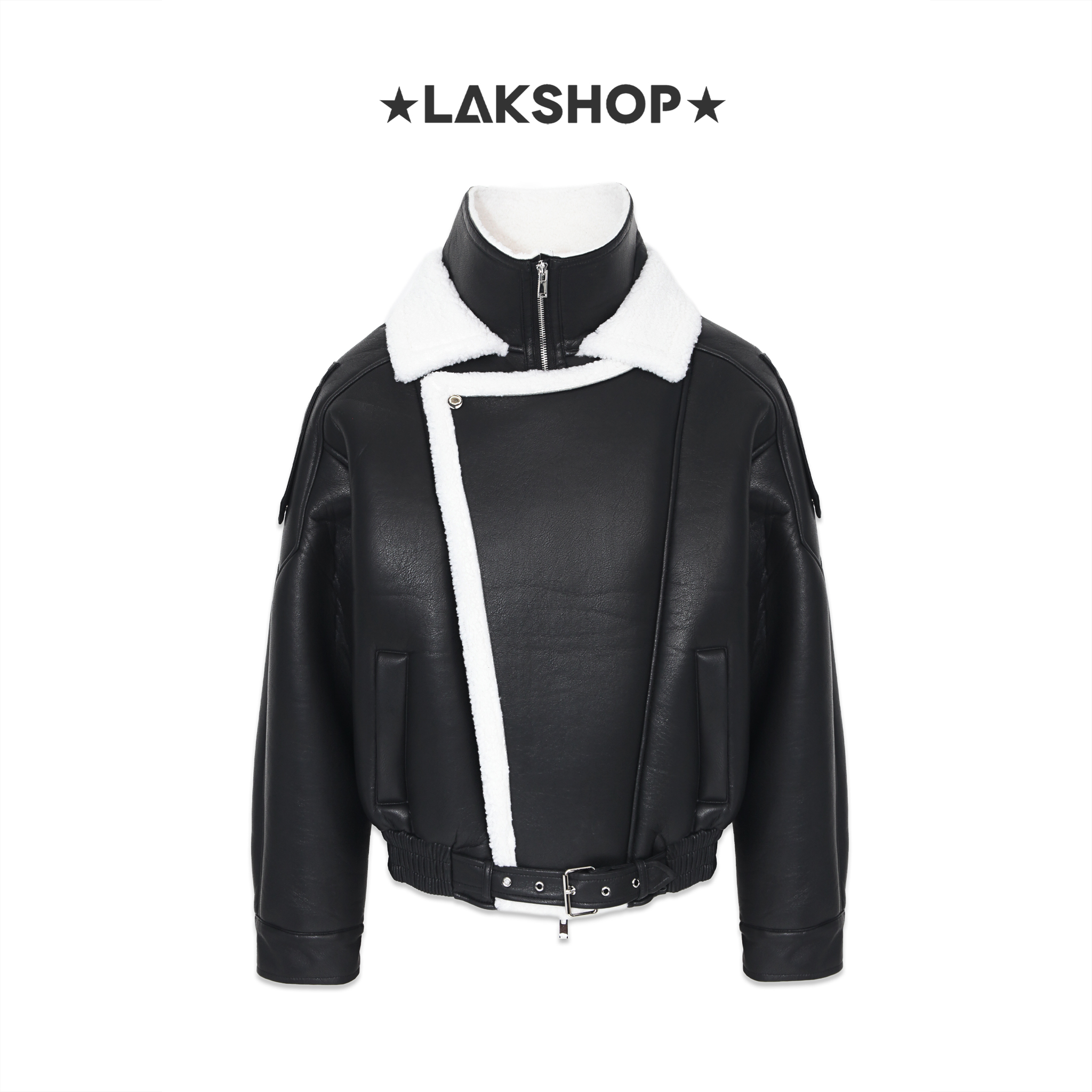 Áo Black Leather with Double Neck Jacket