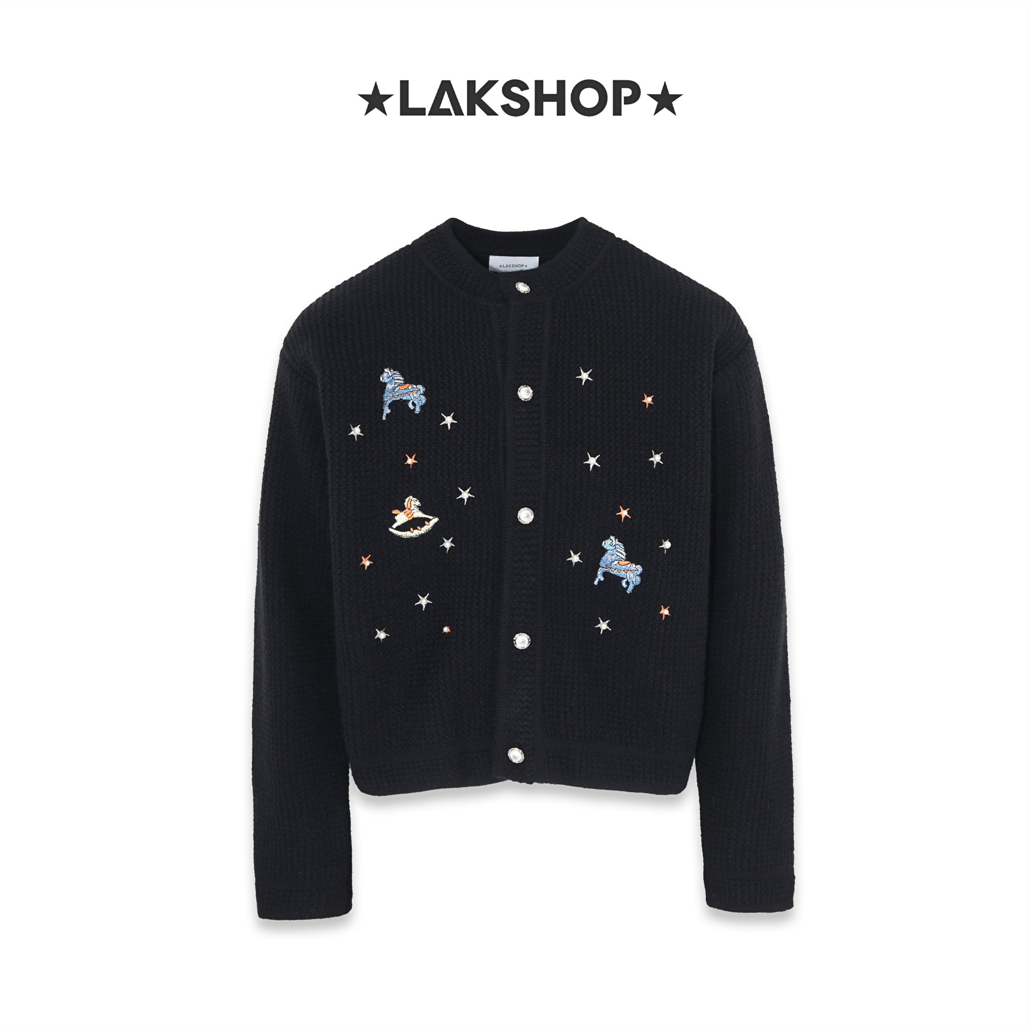 Áo Black Horse Embroidered Round-neck Sweater Cardigan