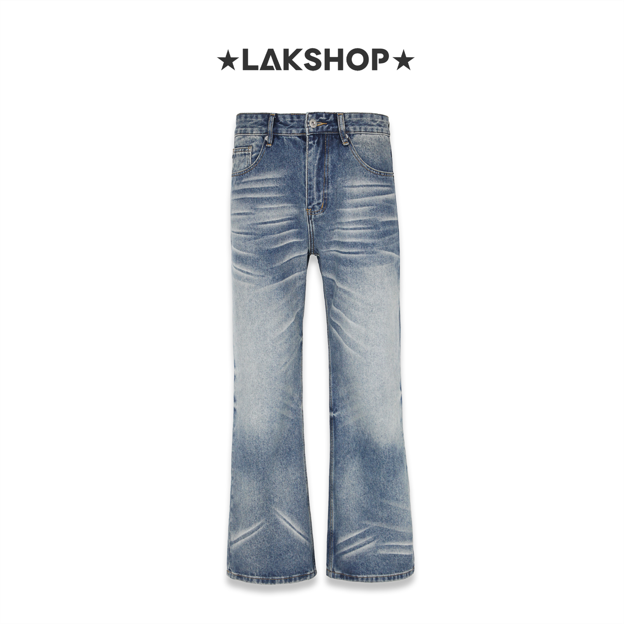 Quần Blue Washed Textured Distressed Loose Straight Leg Jeans