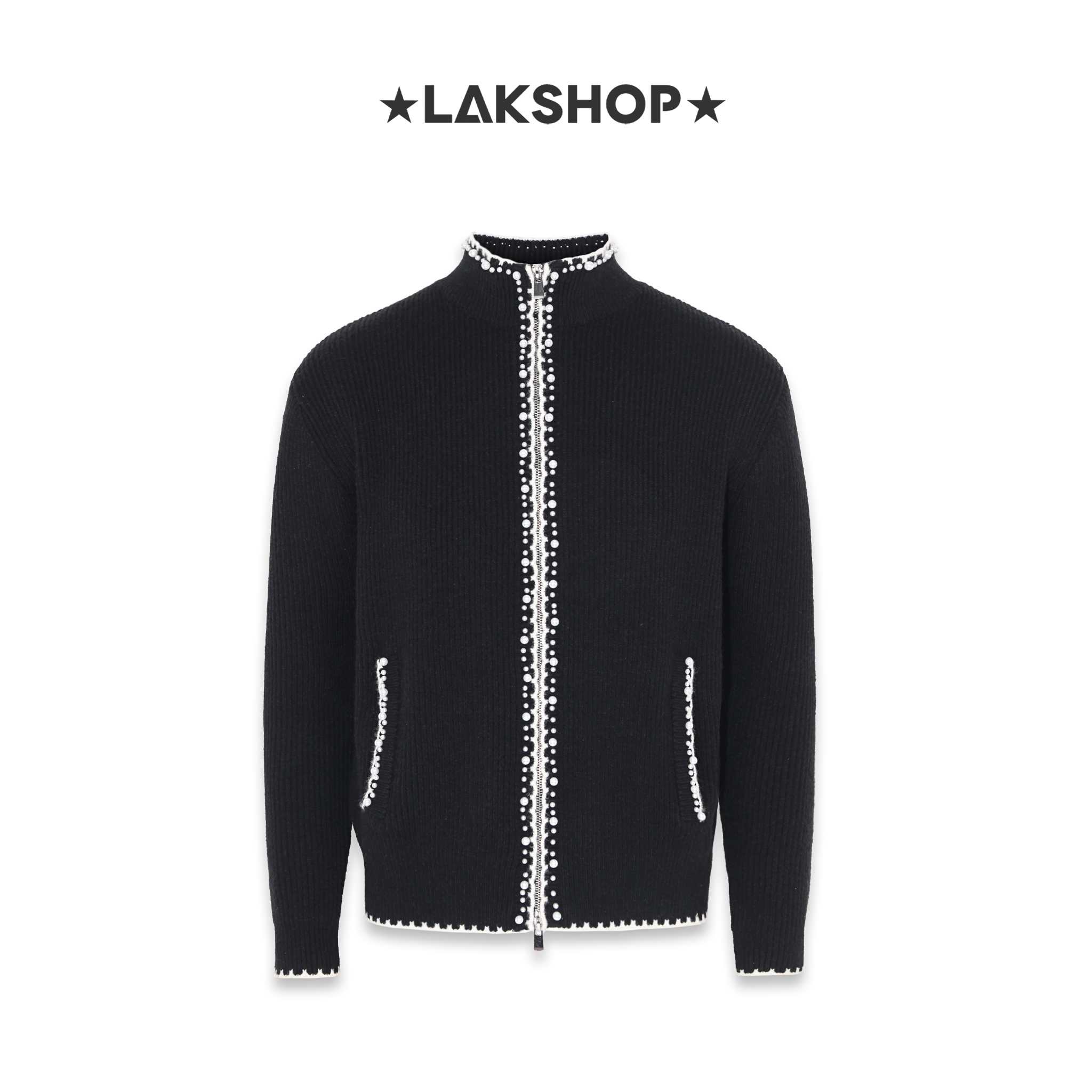 Áo Black High Neck Zip-up Knit Cardigan with White Trim