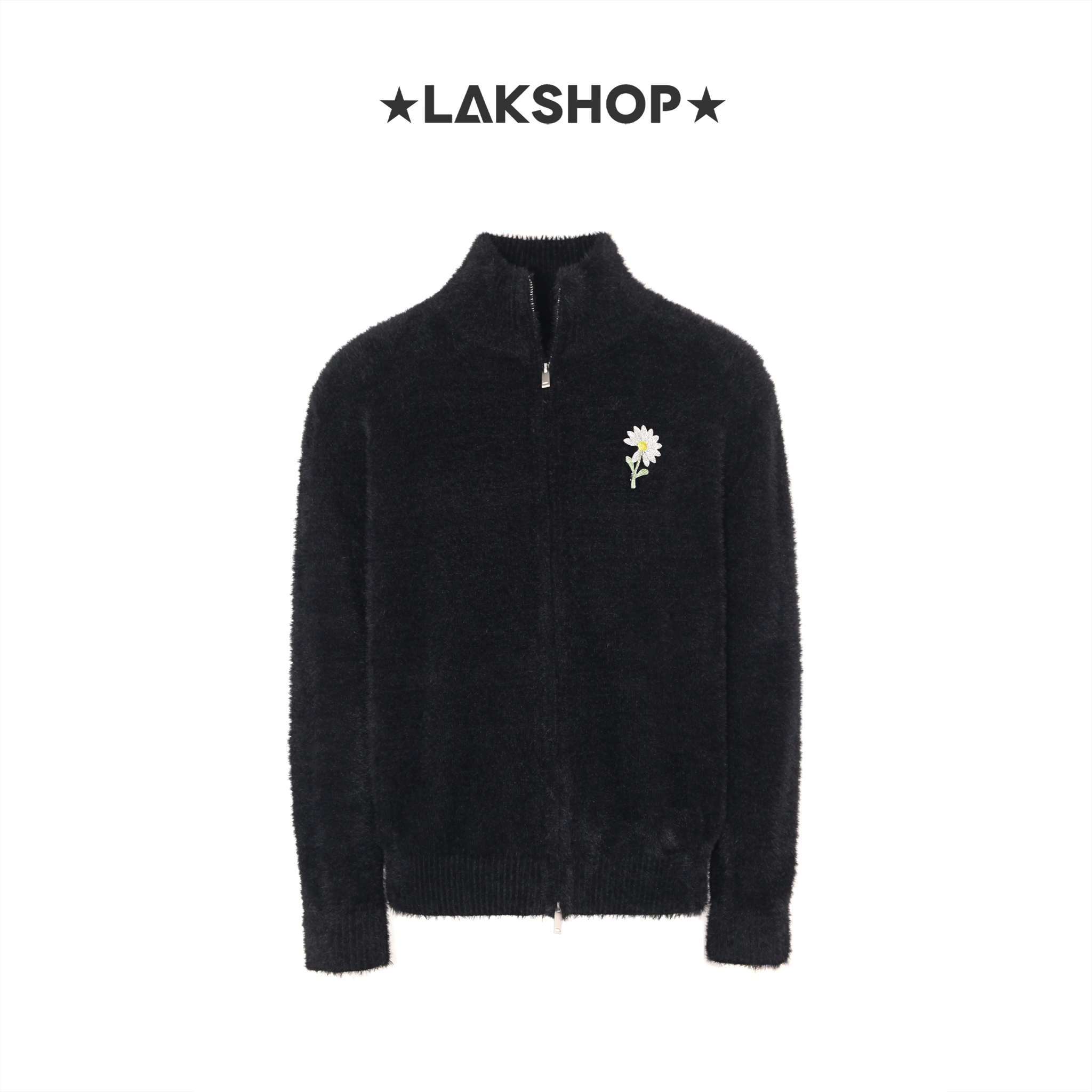 Áo Black Mohair Zip-up High-neck Knit Cardigan