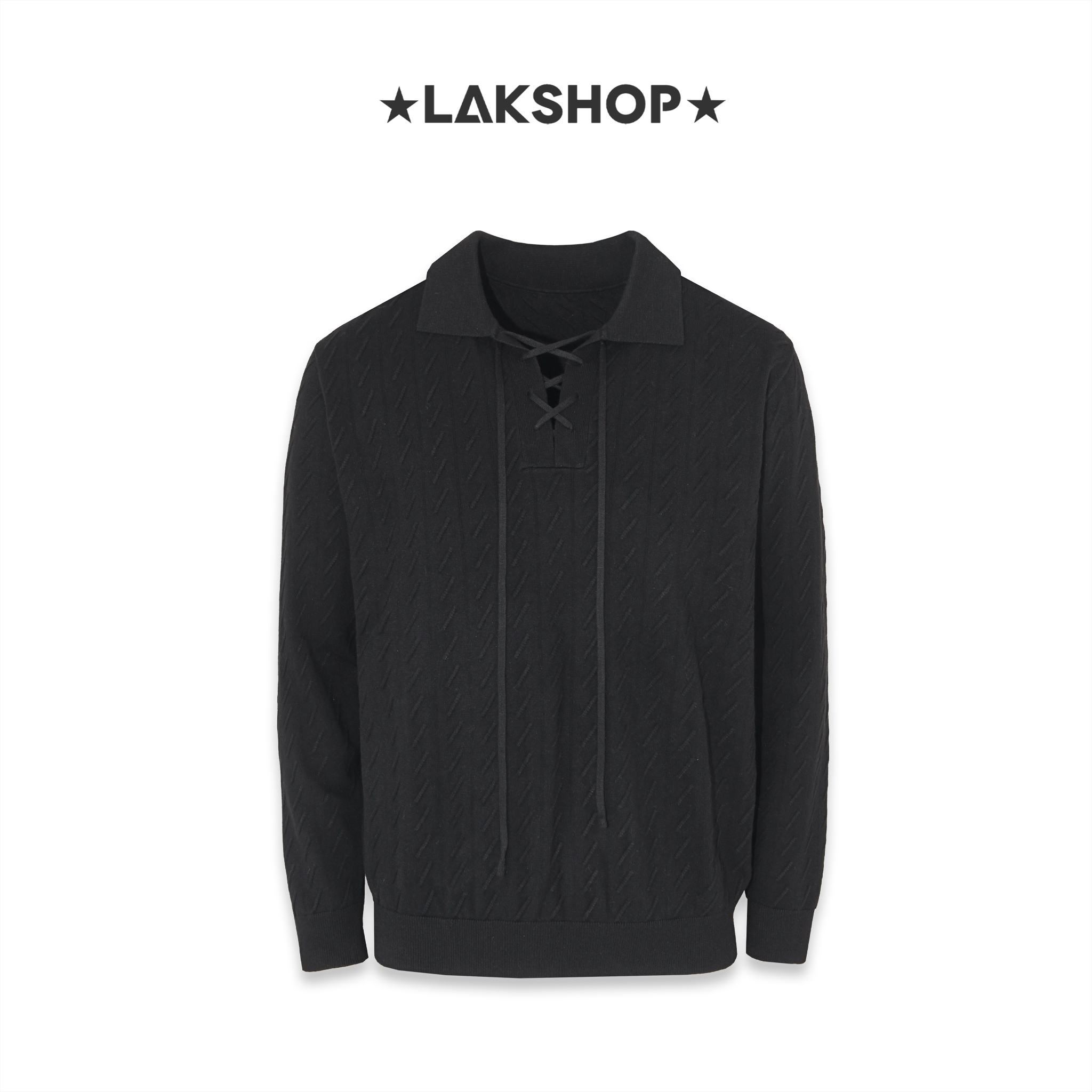 Áo Black Lace-up Knit Polo Shirt