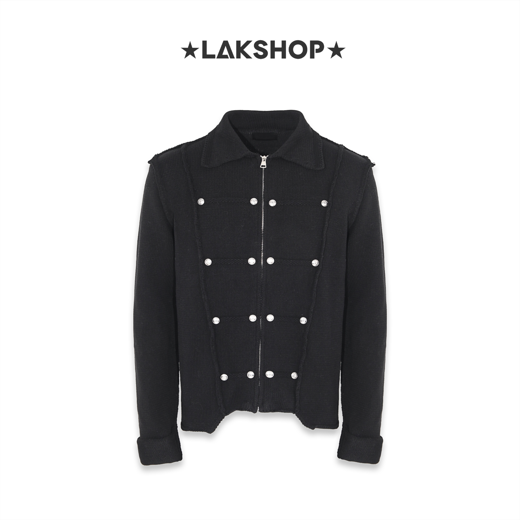 Áo Black Zip-up Double- Breasted Military Knit Shirt