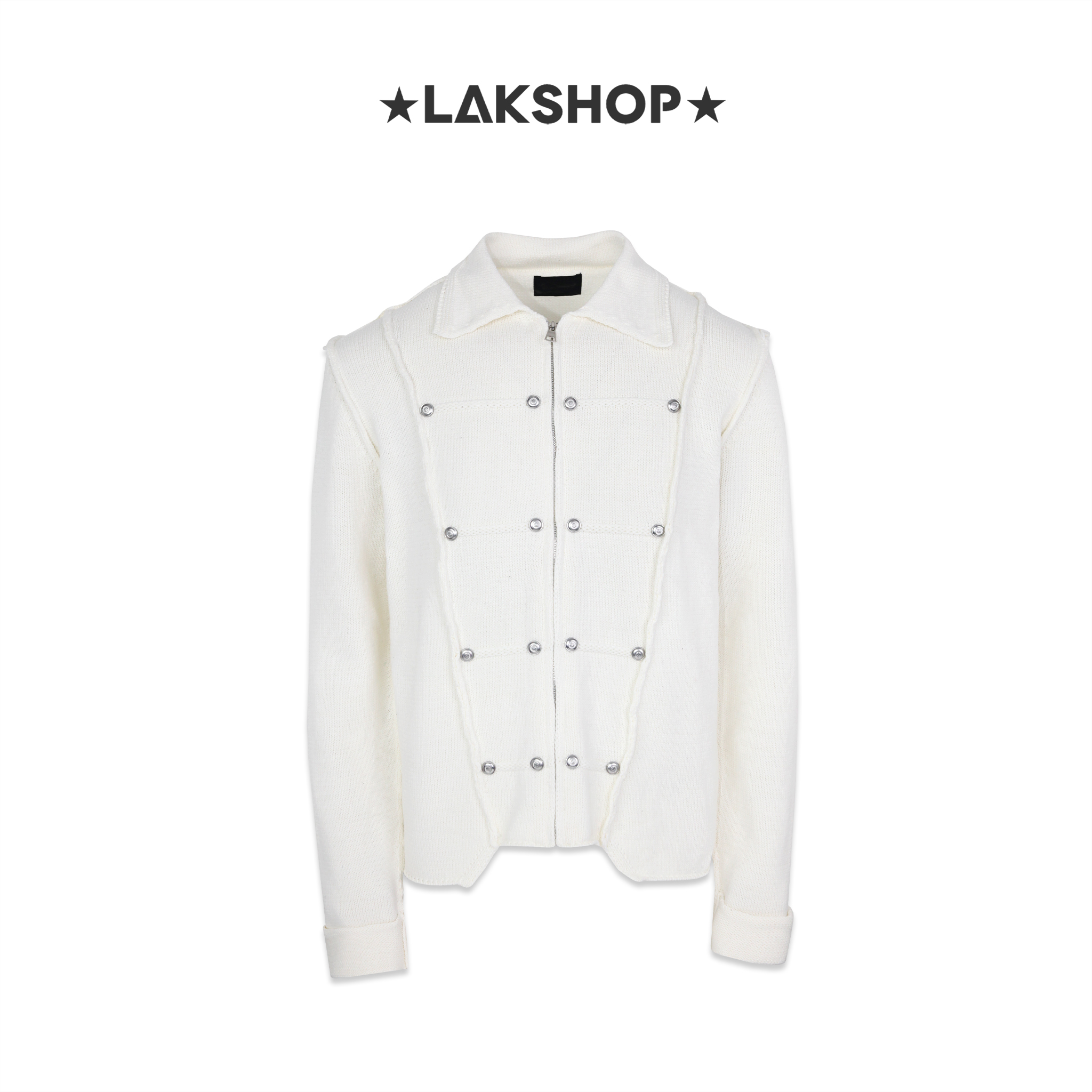 Áo White Zip-up Double- Breasted Military Knit Shirt