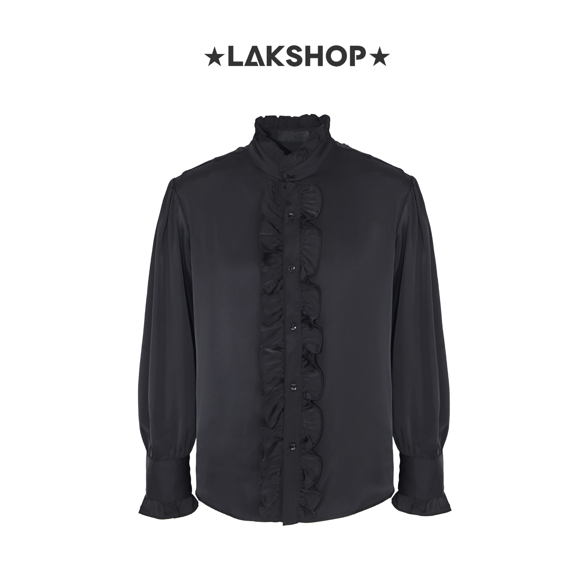 Áo Black Ruffled Trim Stand Collar Shirt