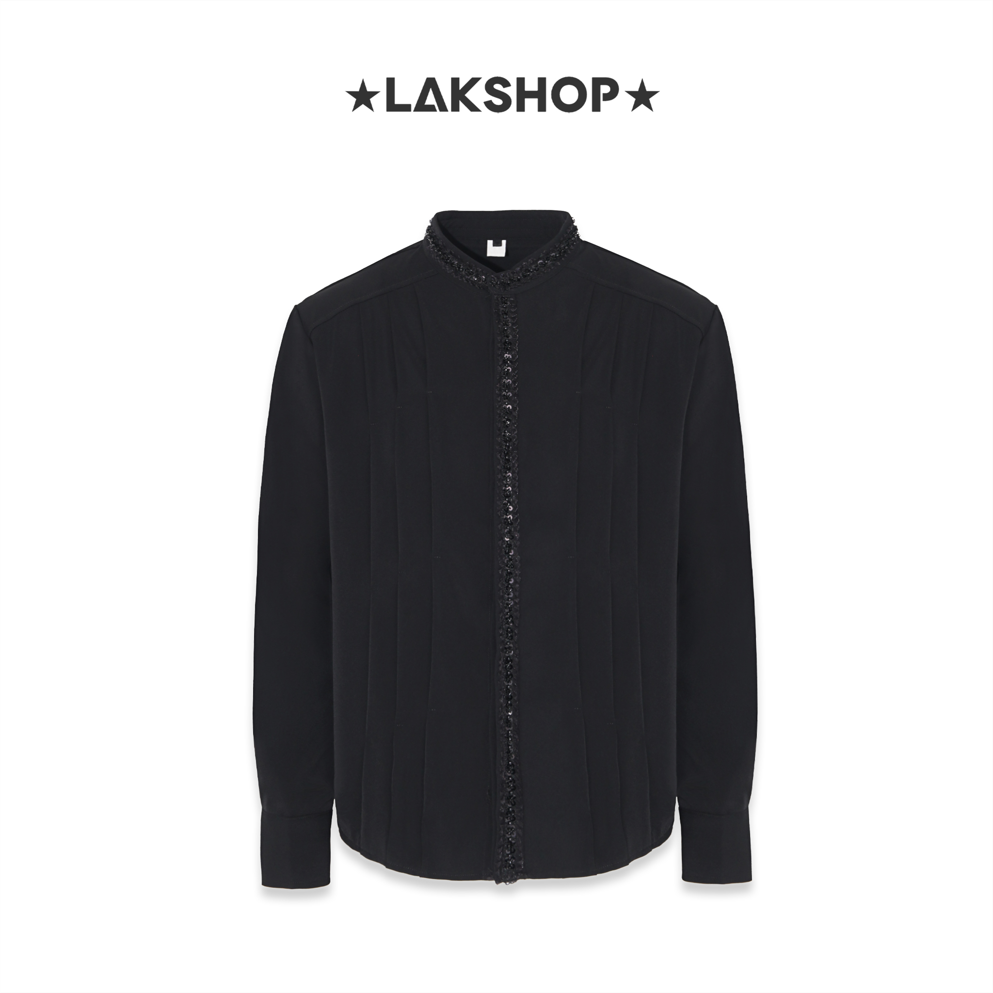 Áo Black with Trim Pearl Stand Collar Shirt