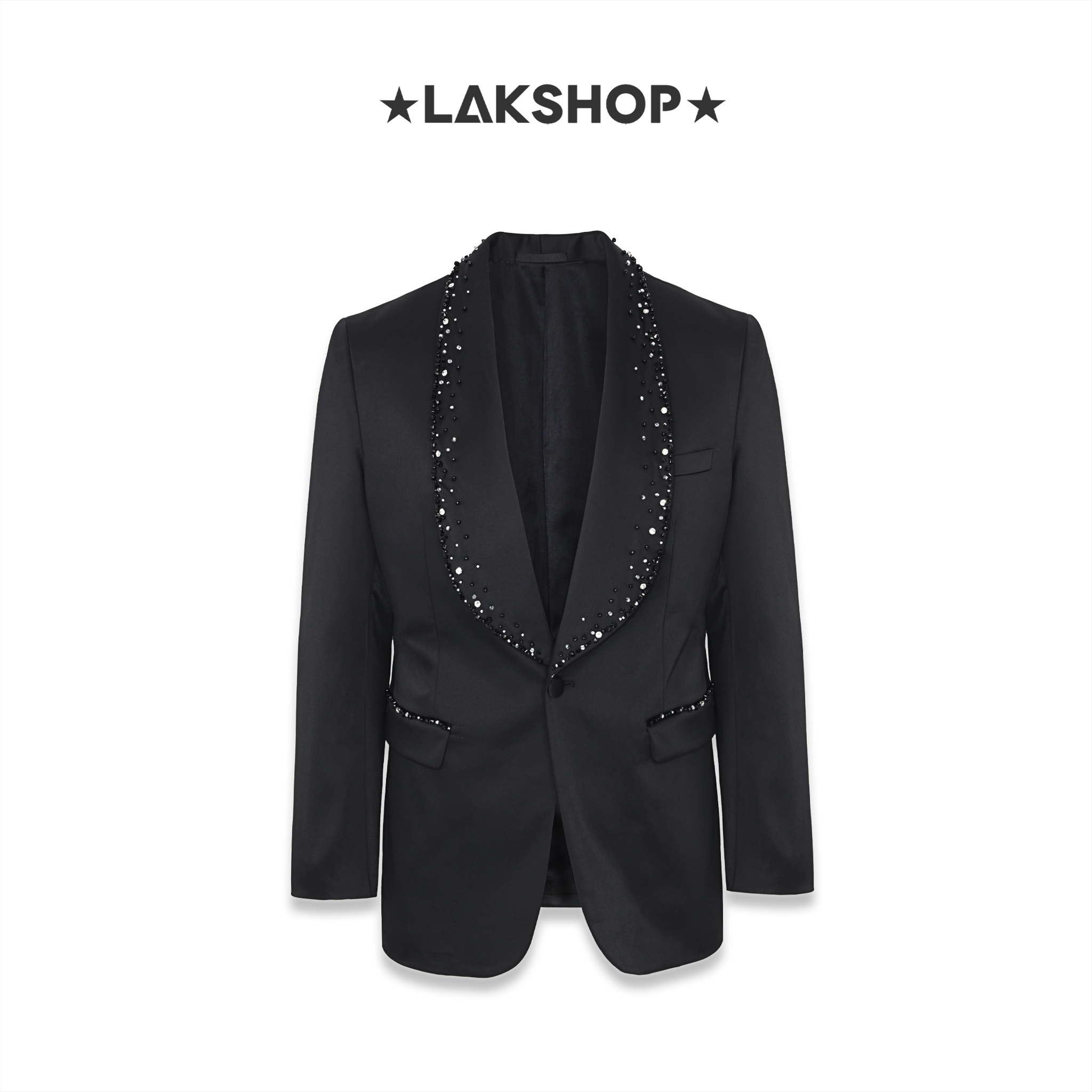 Áo Black Pearl Studded Beads Coat Shawl Lapel Tuxedo Jacket