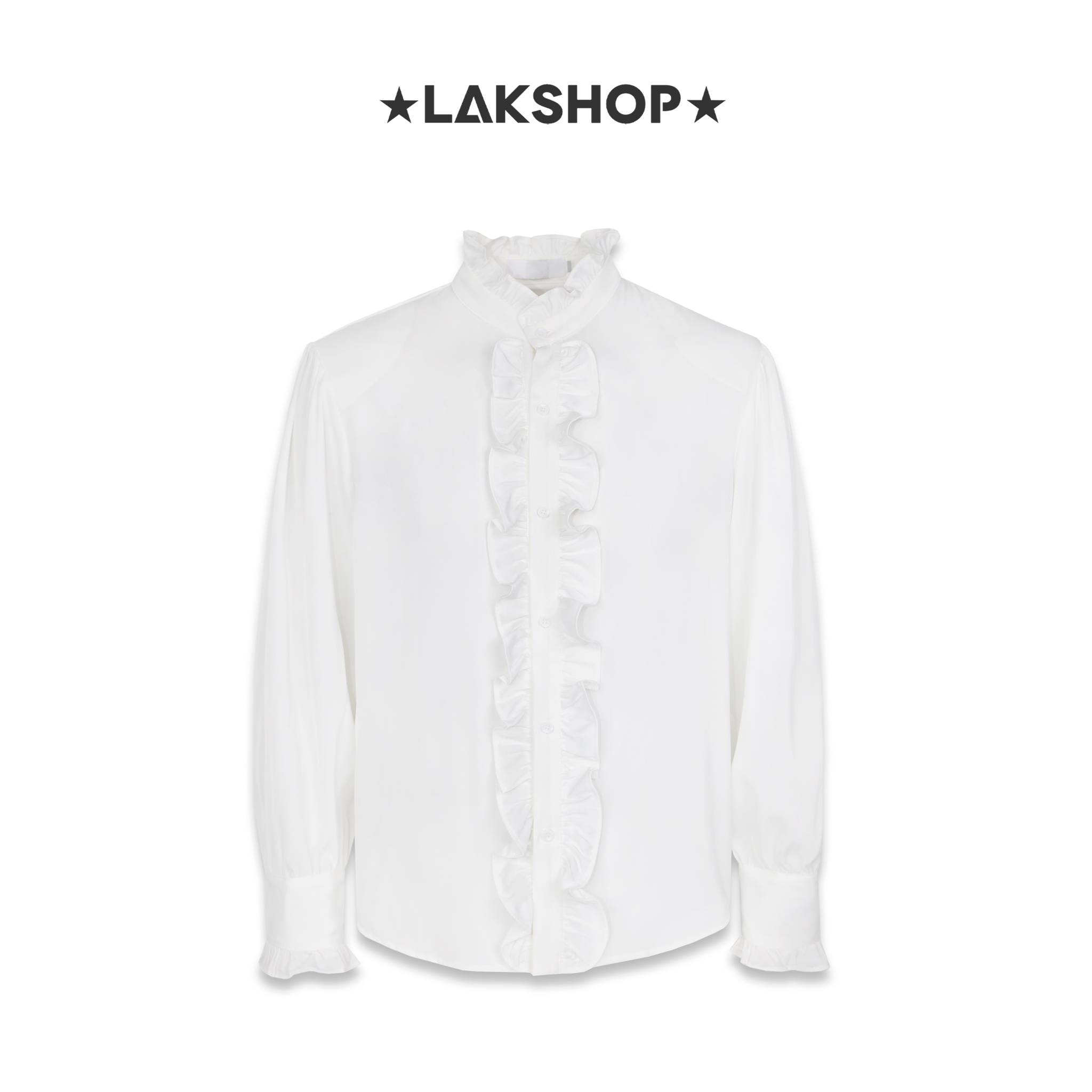 Áo White Ruffled Trim Stand Collar Shirt