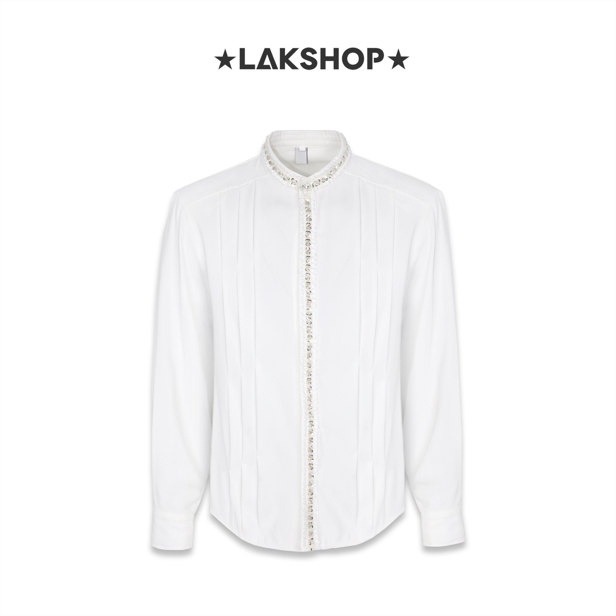 Áo White with Trim Pearl Stand Collar Shirt