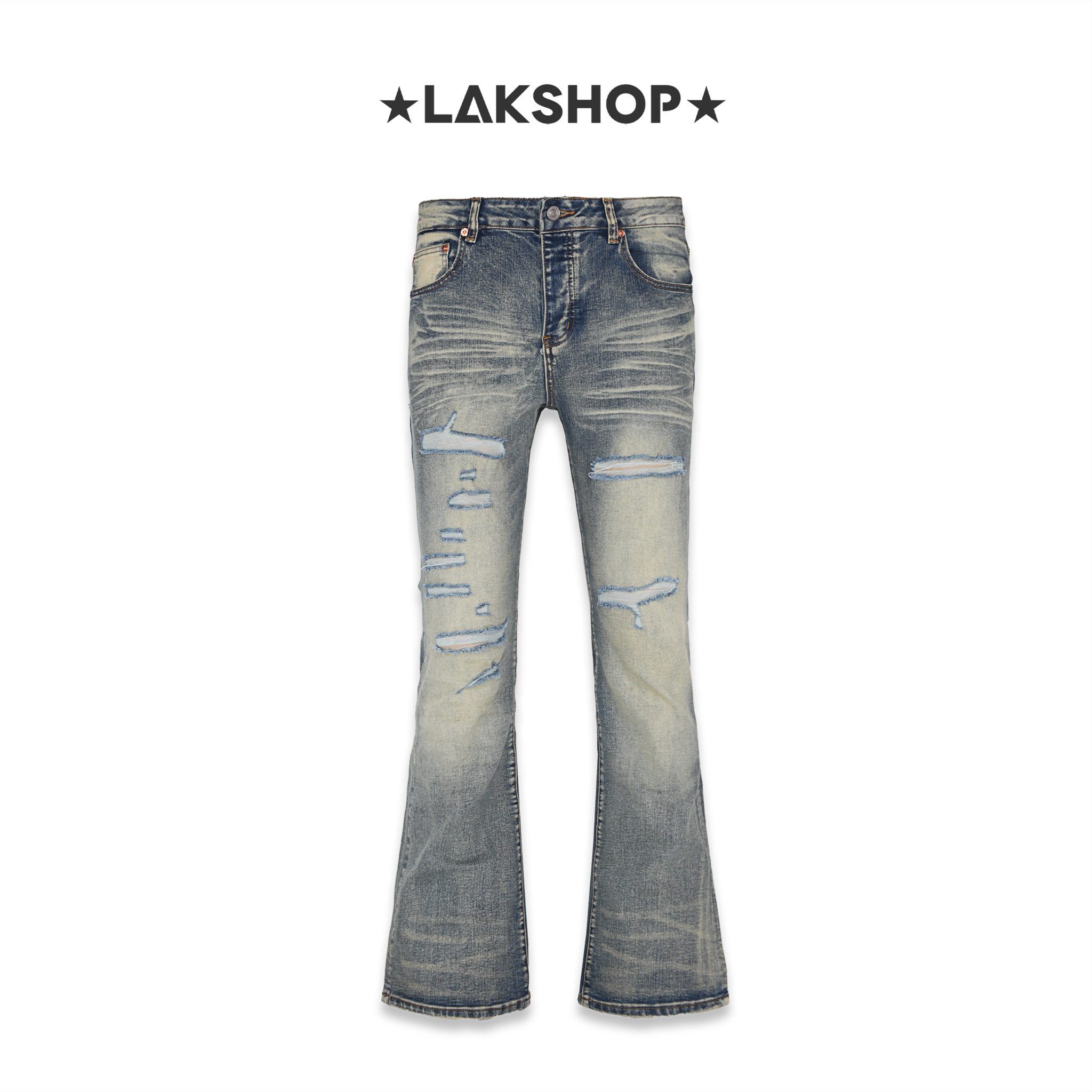 Quần Blue Washed Ripped Flared Jeans