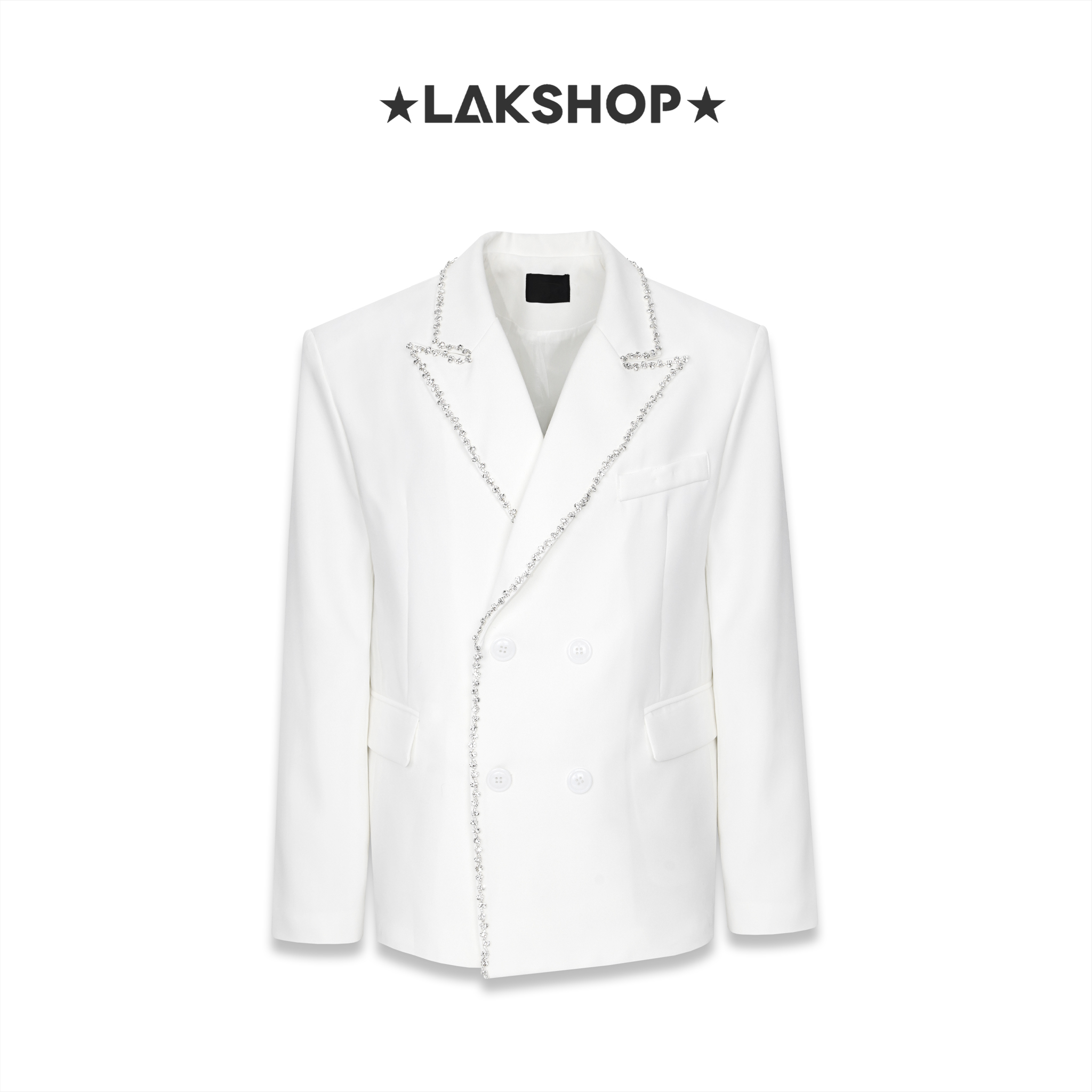 Áo White with Crystal Trim Neck Blazer