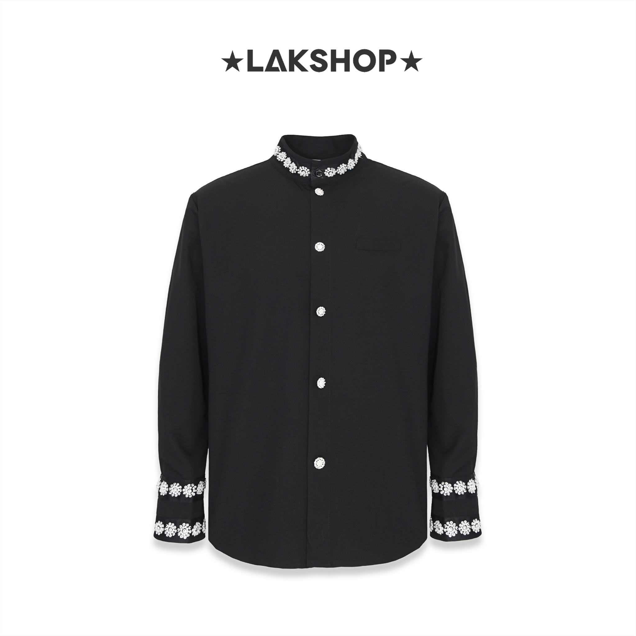 Áo Black Oversize with Flower Pearl Neck Shirt