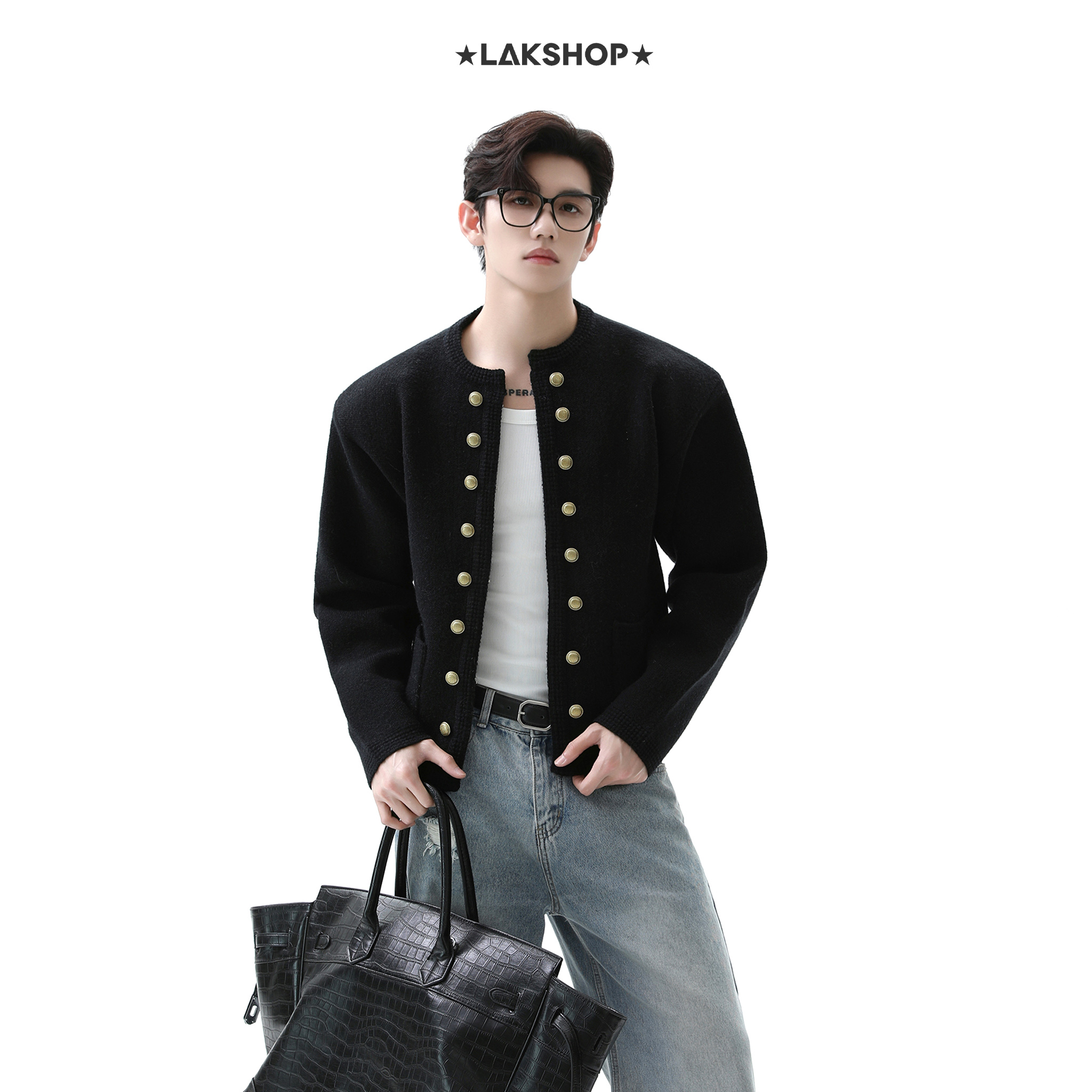 Áo Black Double-Breasted Sweater Jacket