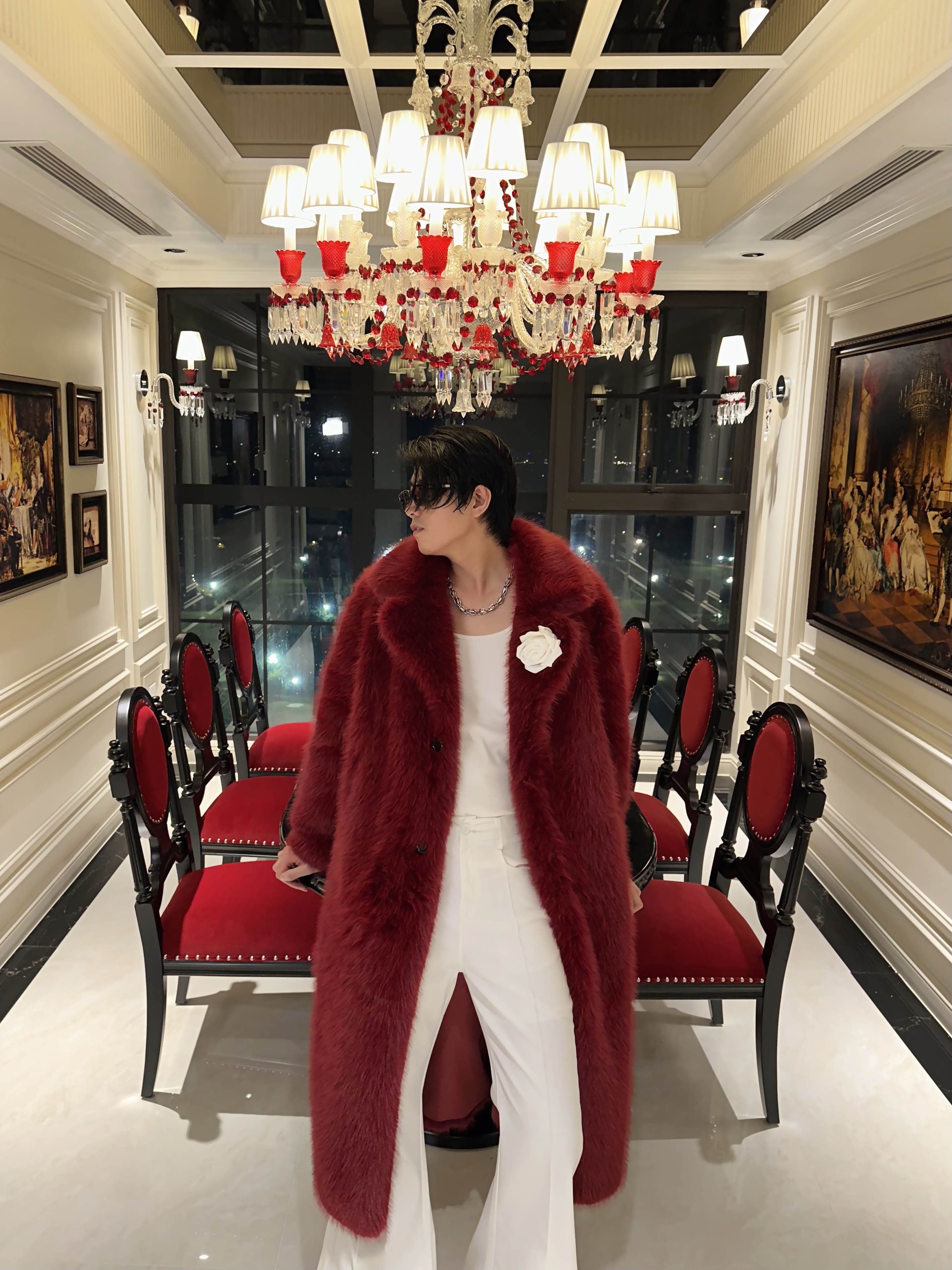 Áo Red Faux Fur Long Coat Jacket