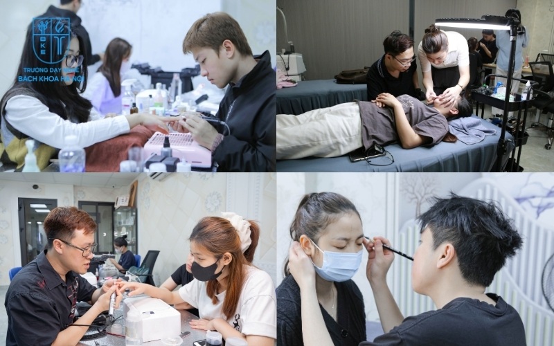 Các học viên nam đang theo học ngành làm đẹp tại Bách Khoa Beauty Academy