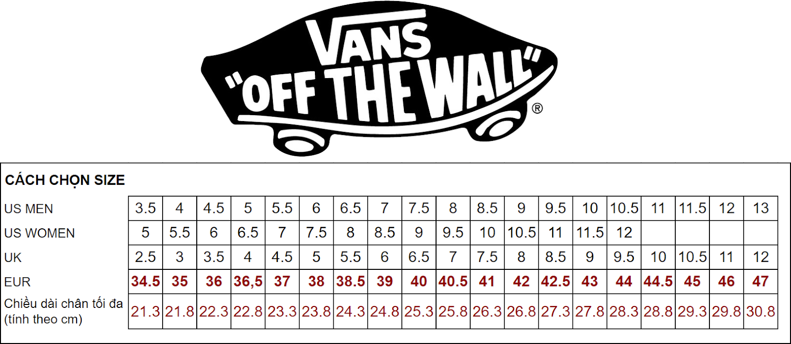 sizing of vans