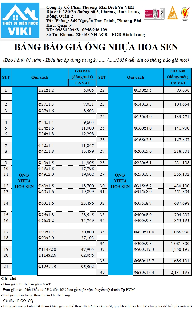 Bảng giá ống nhựa hoa sen bảo hành 1 năm