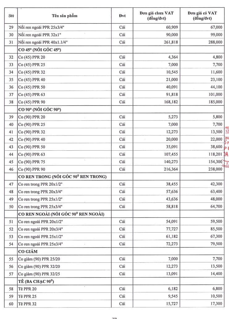 Bảng giá phụ kiện PPR Hoa Sen sản xuất 2