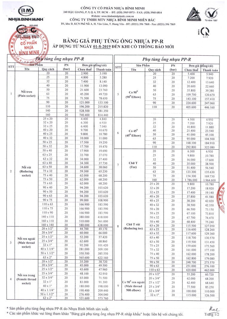 Phụ kiện PPR Bình Minh - trang 1