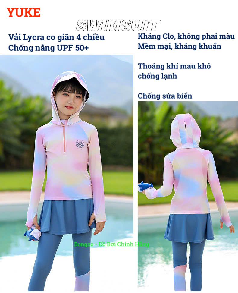 Bộ bơi bé gái dài tay chống nắng UPF 50+, kháng Clo, hồng xanh, mẫu mới kèm mũ Yuke