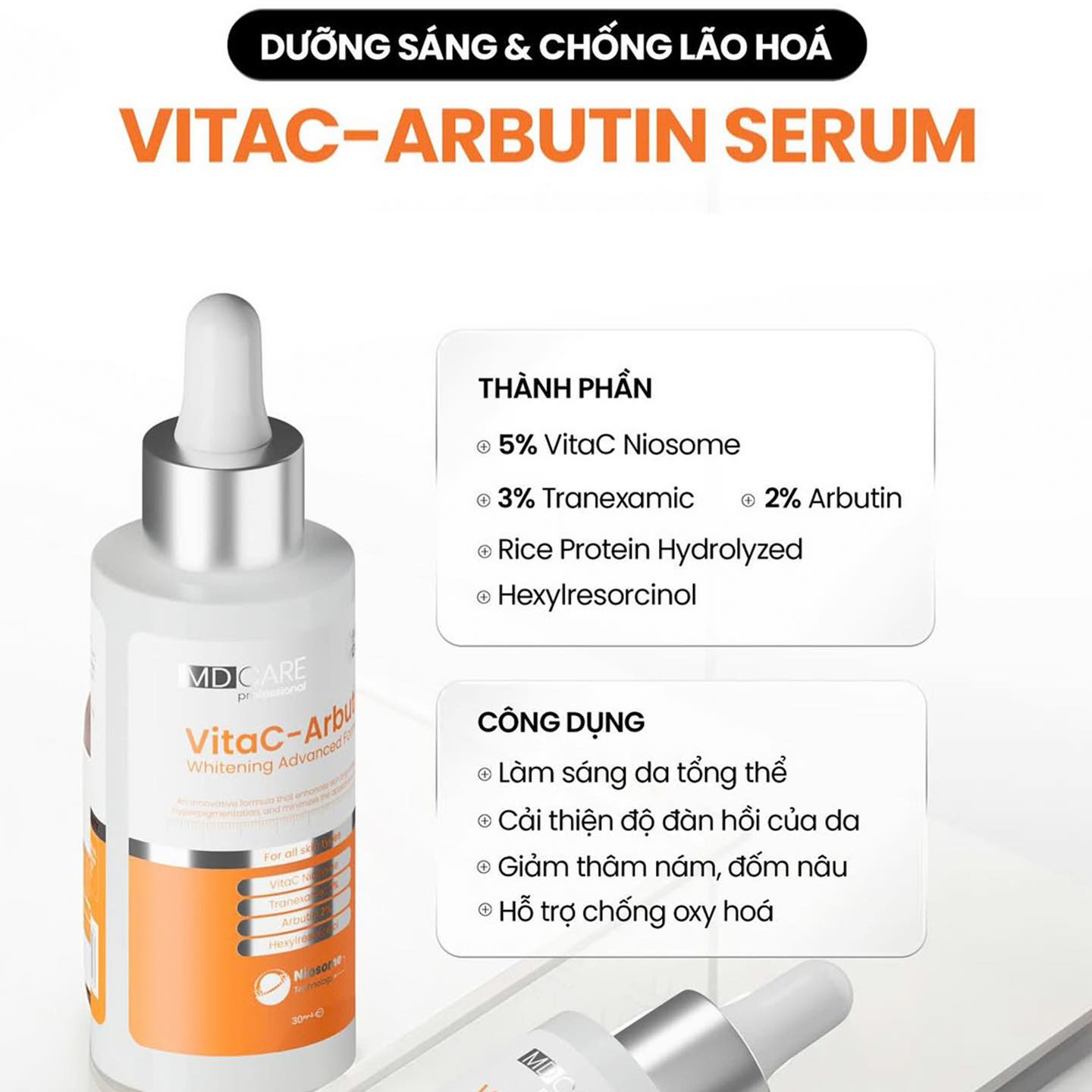 Serum MD Care VitaC-Arbutin dưỡng sáng, chống lão hóa Whitening Advanced Formula