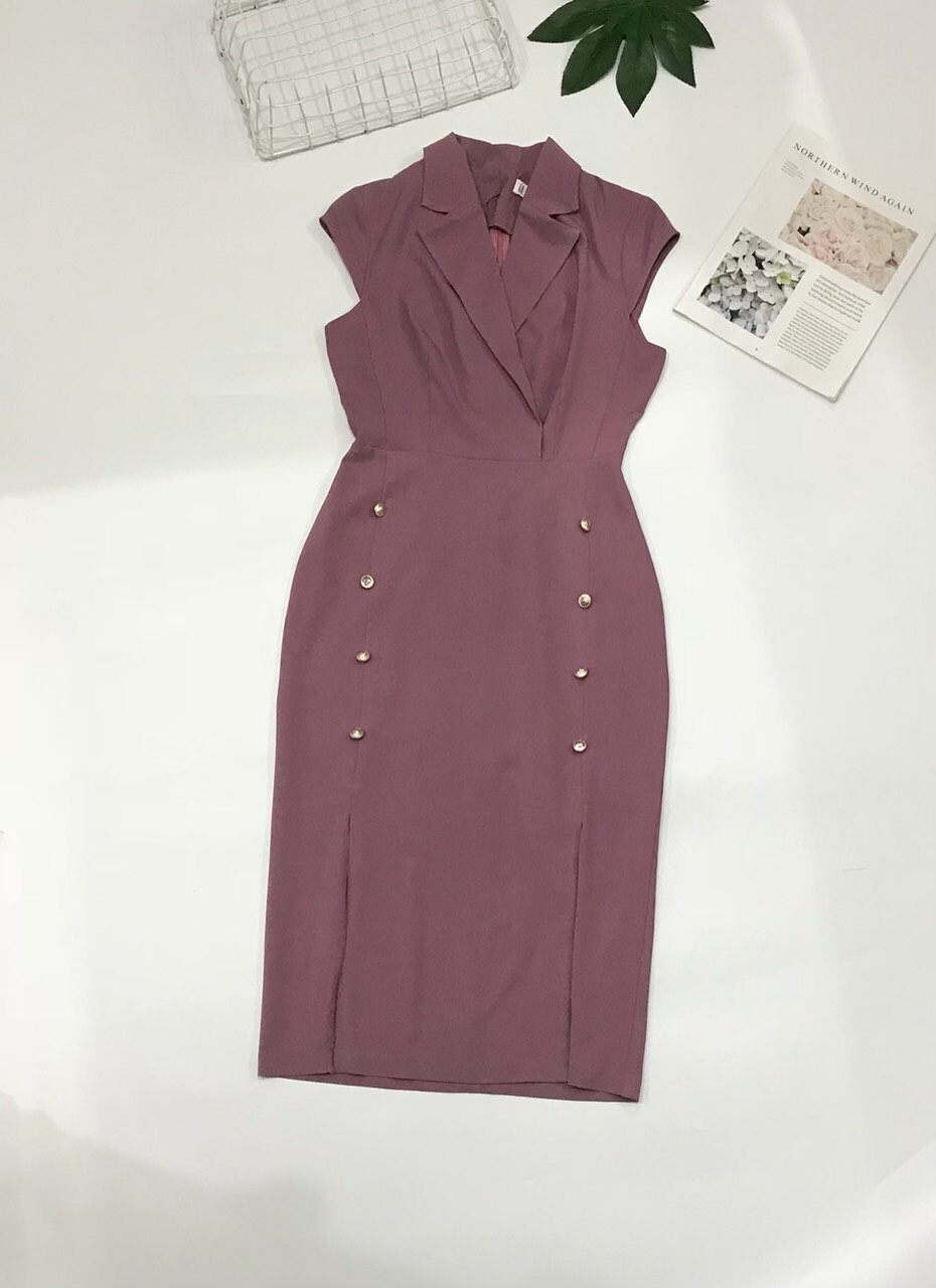 Đầm Cati Hồng Ruốc Cổ Vest