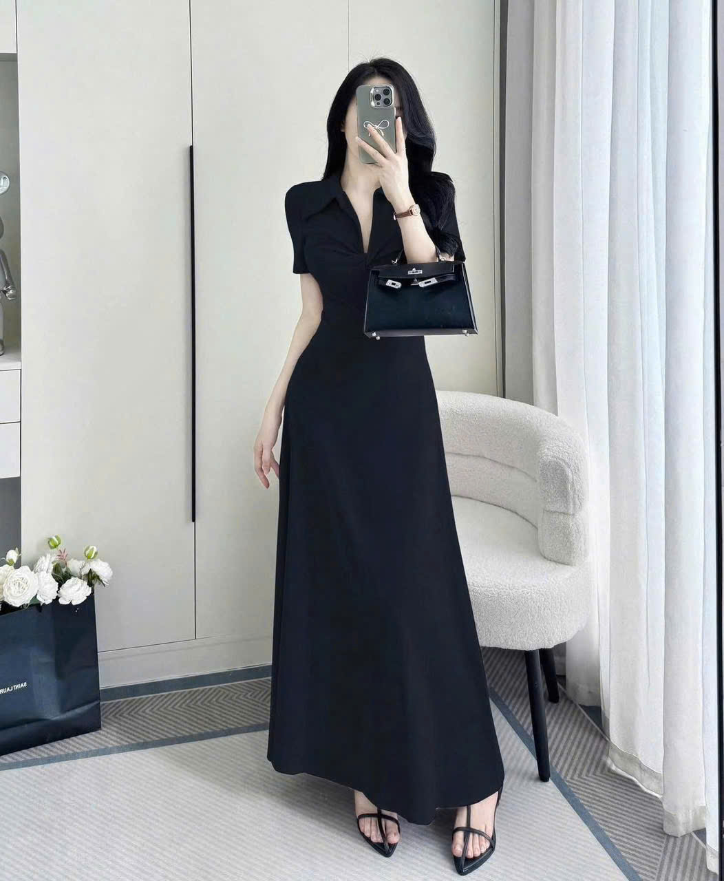 Đầm Midi Xoắn Ngực 2 Màu