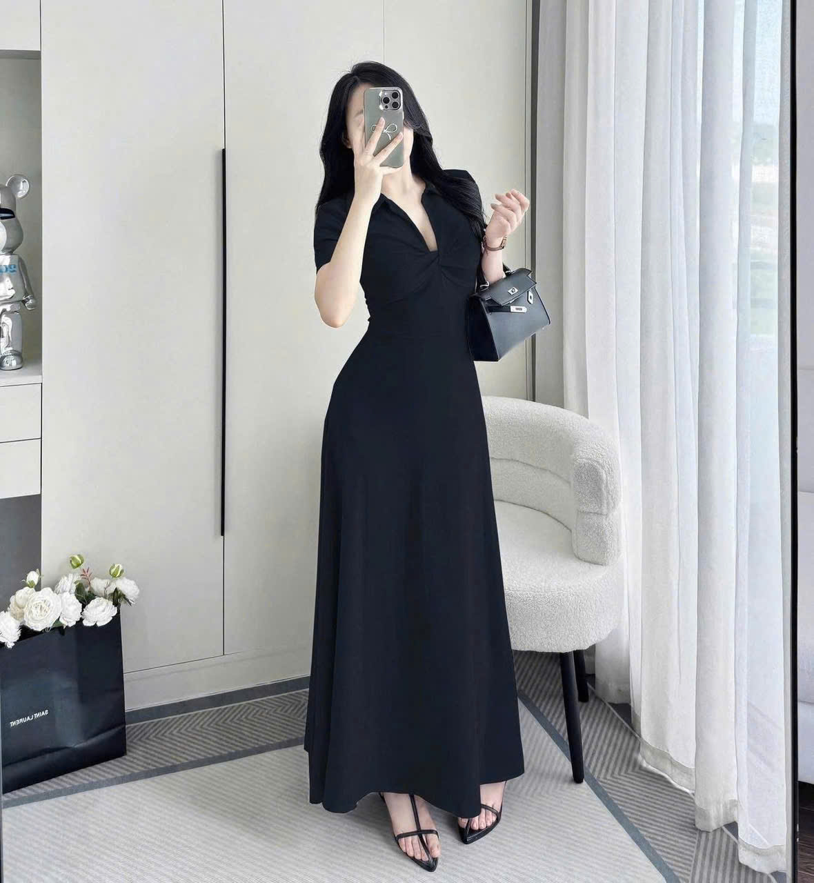 Đầm Midi Xoắn Ngực 2 Màu